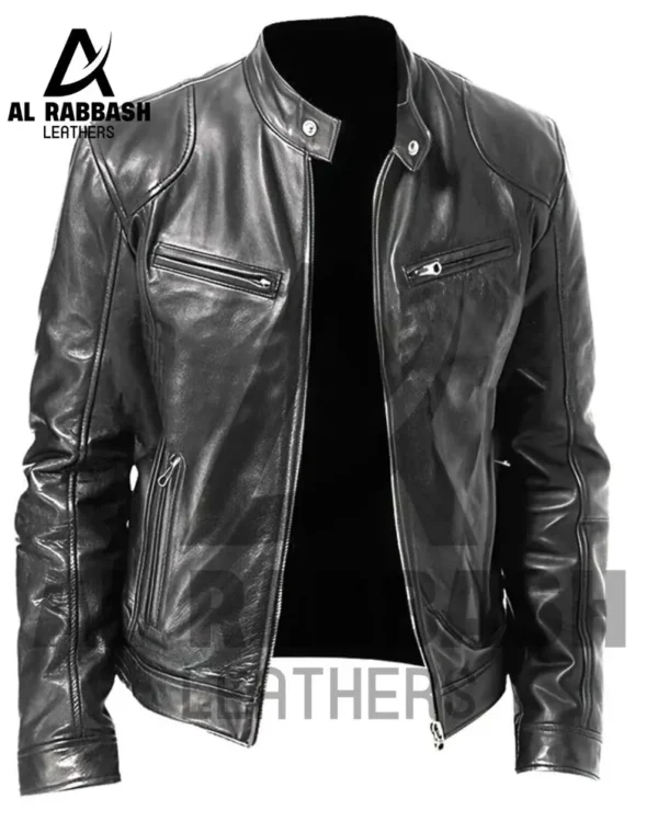 Cafe Racer Motorcycle Biker Leather Jacket Black Genuine Soft Sheep Skin Leather