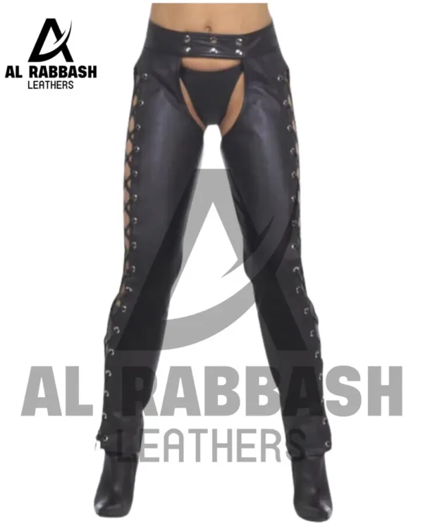 Women's Black Leather Motorcycle Chaps: Adjustable Side Lace-Up