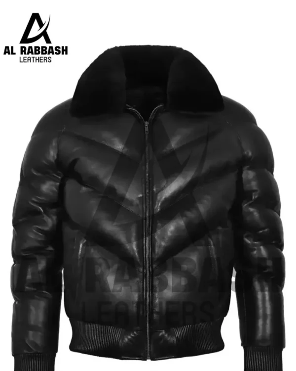 Men's Black Sheepskin Leather Puffer Bomber Jacket