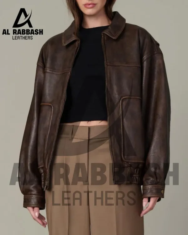 1980s Oversized Distressed Vintage Real Brown Leather Jacket: Bomber Retro Boxy Fit Coat