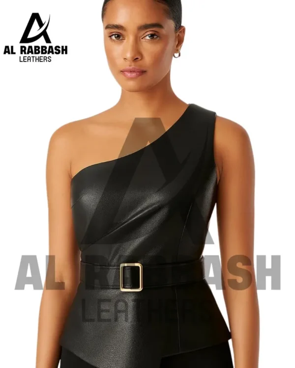 Leather One-Shoulder Peplum Top