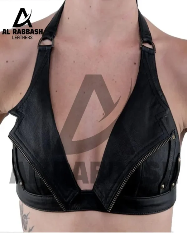 Handmade Leather Halter Bra Top - Biker Zipper Crop Top