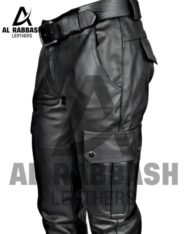 Black Leather Cargo Biker Pant
