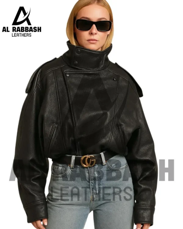 Oversized Genuine Leather Bomber Jacket – Funnel Collar with Asymmetrical Front