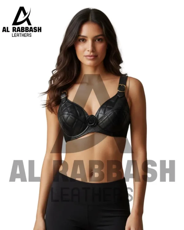 Handmade Quilted Black Leather Bralette - Gothic Bustier Crop Top