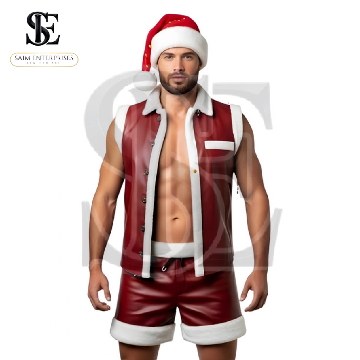 Handmade Maroon Leather Christmas Costume - Men's Vest & Shorts Cosplay Outfit