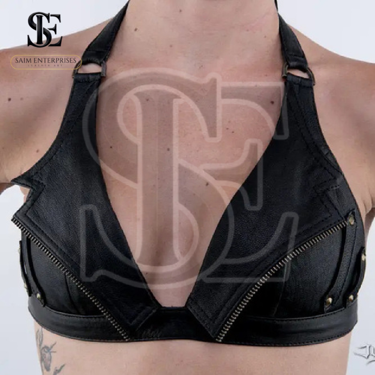 Handmade Leather Halter Bra Top - Biker Zipper Crop Top