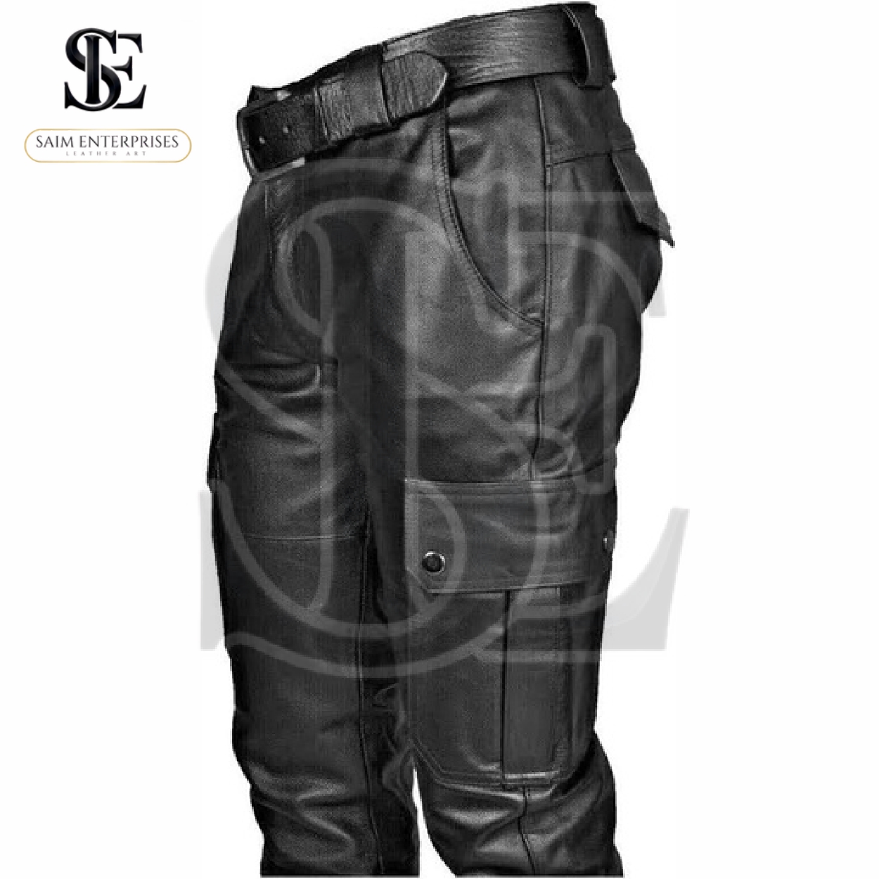 Black Leather Cargo Biker Pant
