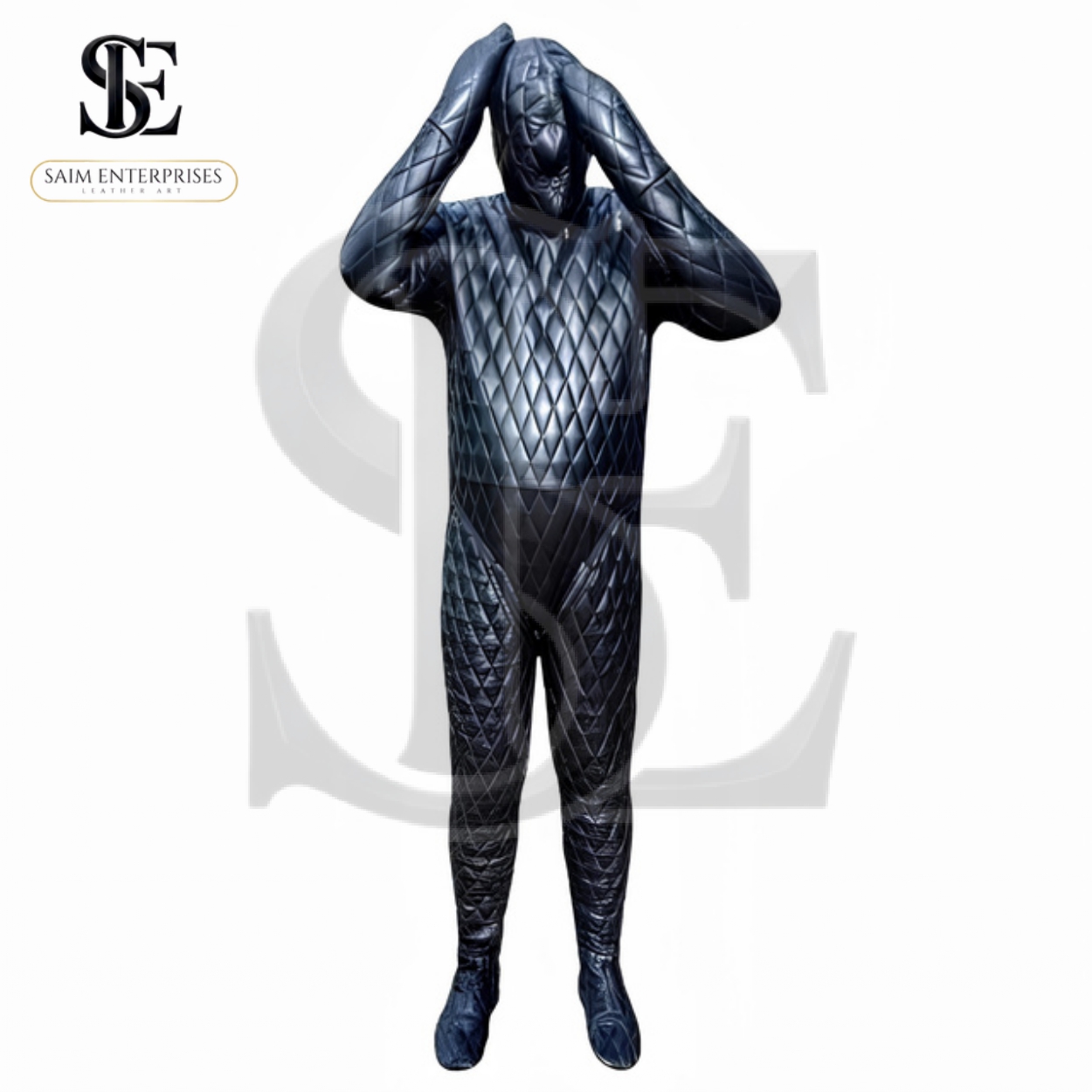 Quilted Leather Catsuit - Black Full Body Leather Suit with Hood & Gloves