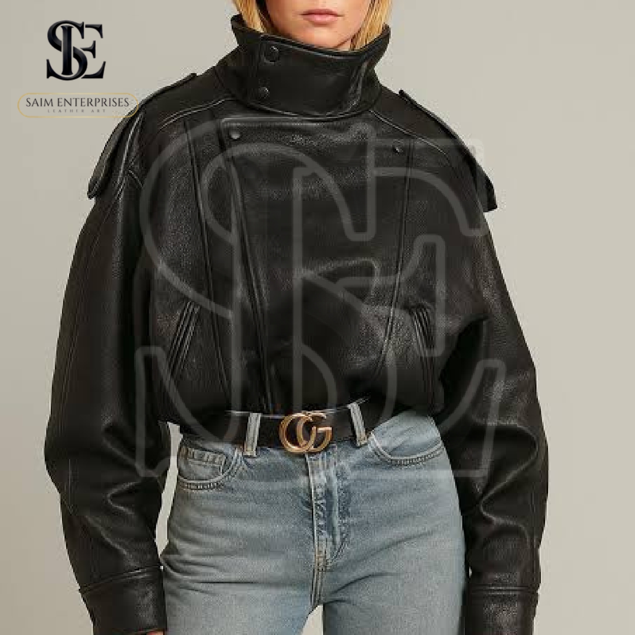 Oversized Genuine Leather Bomber Jacket – Funnel Collar with Asymmetrical Front