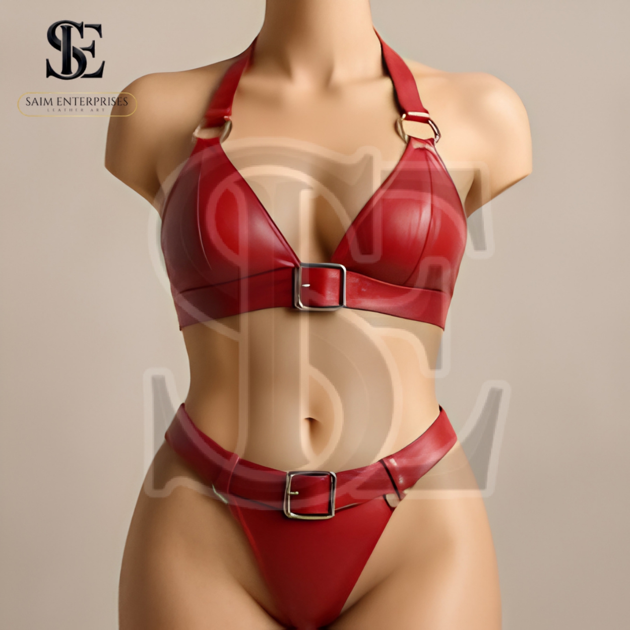 Handmade Red Leather Bikini Set For Women - Buckled Two-Piece Lingerie for Festivals