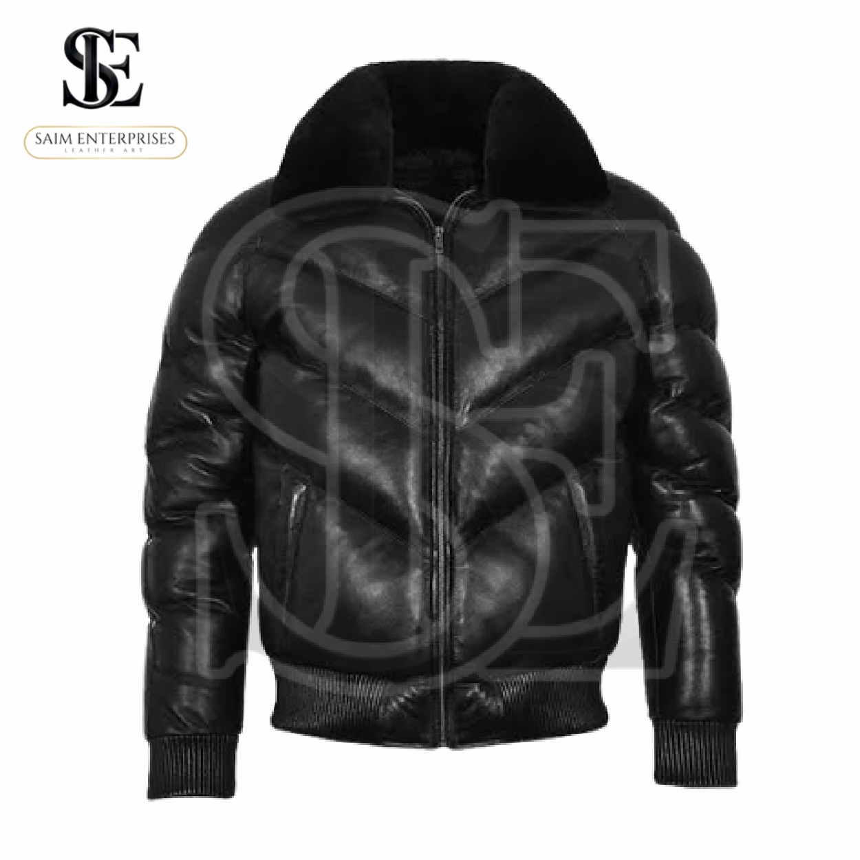 Men's Black Sheepskin Leather Puffer Bomber Jacket