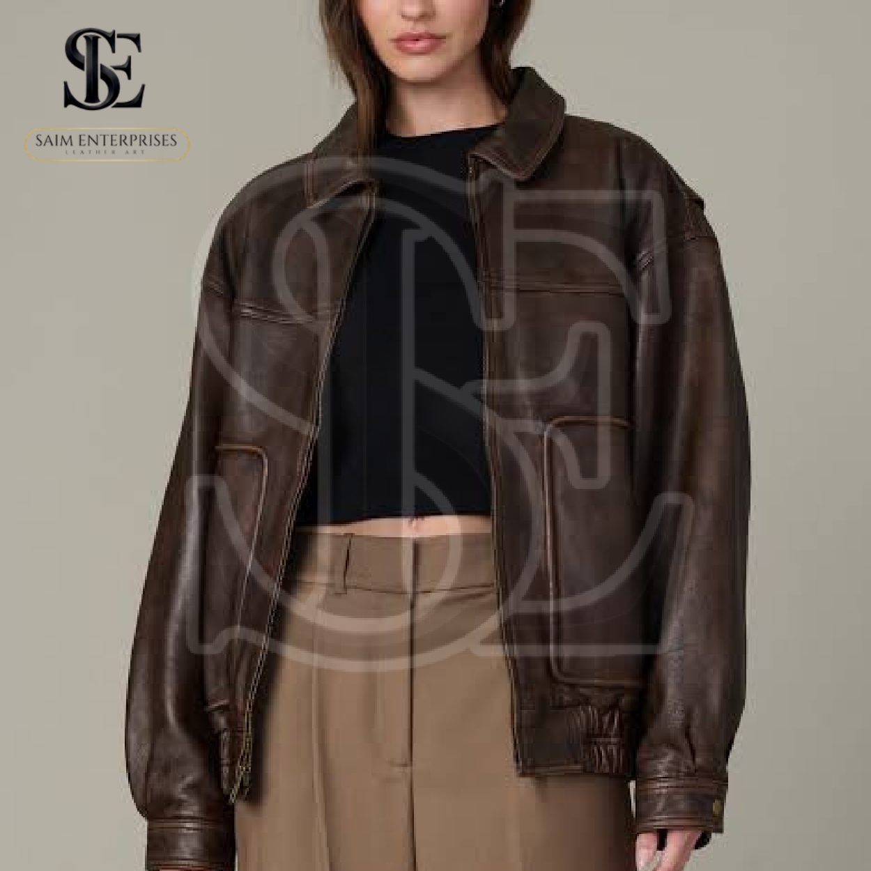 1980s Oversized Distressed Vintage Real Brown Leather Jacket: Bomber Retro Boxy Fit Coat