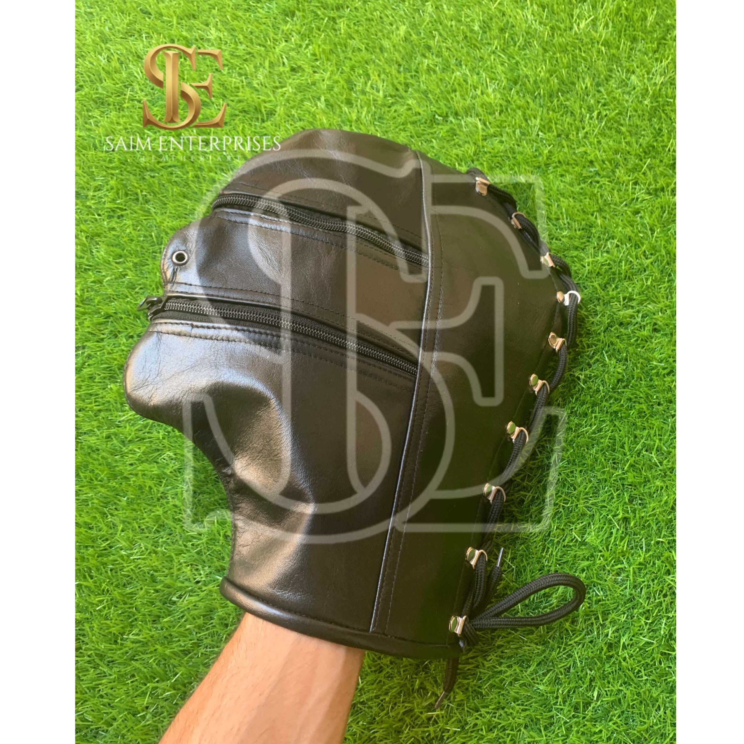 Handmade Black Genuine Leather Full Bondage Hood Mask - Image 3