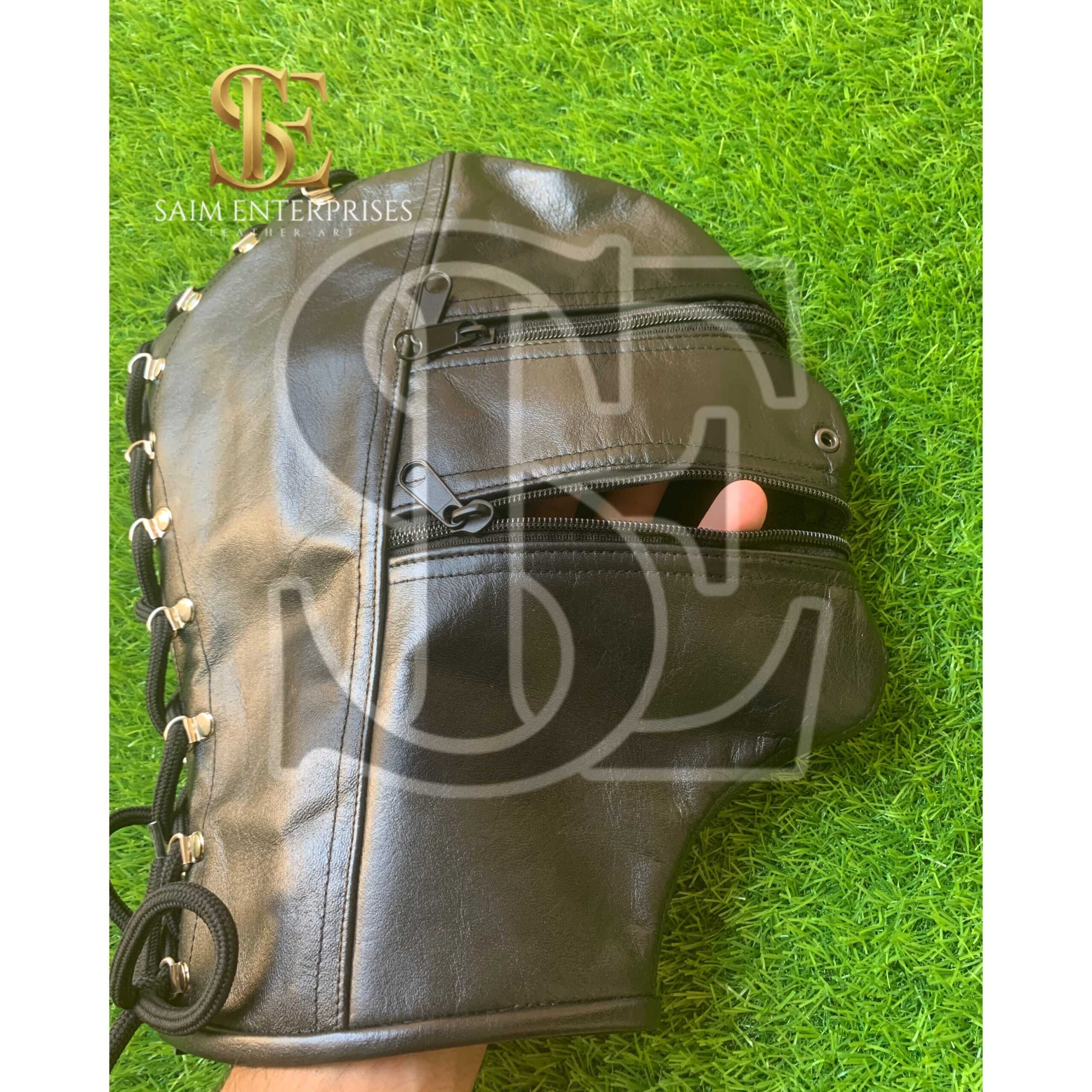 Handmade Black Genuine Leather Full Bondage Hood Mask - Image 8