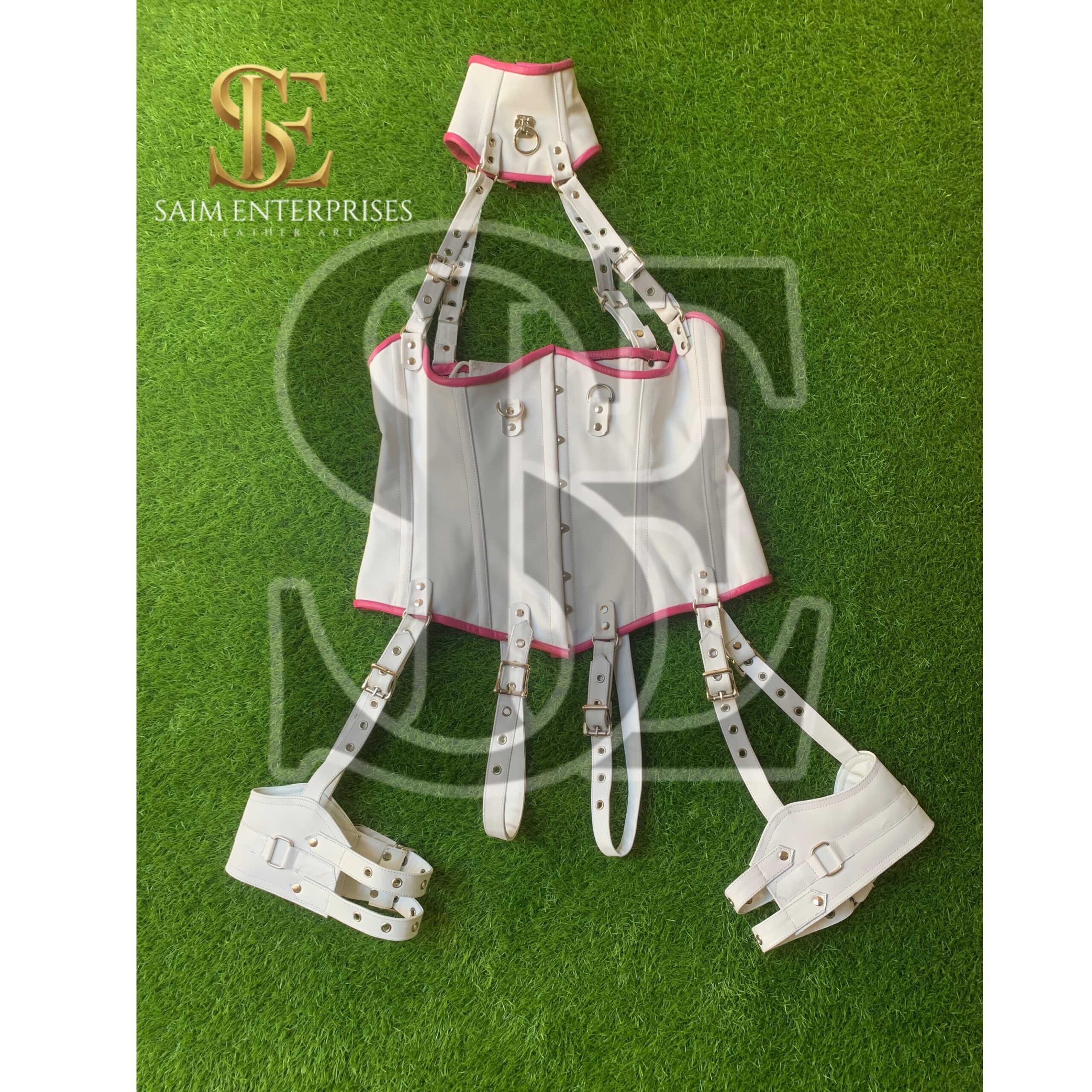 White Leather BDSM Corset Set with Collar & Garters