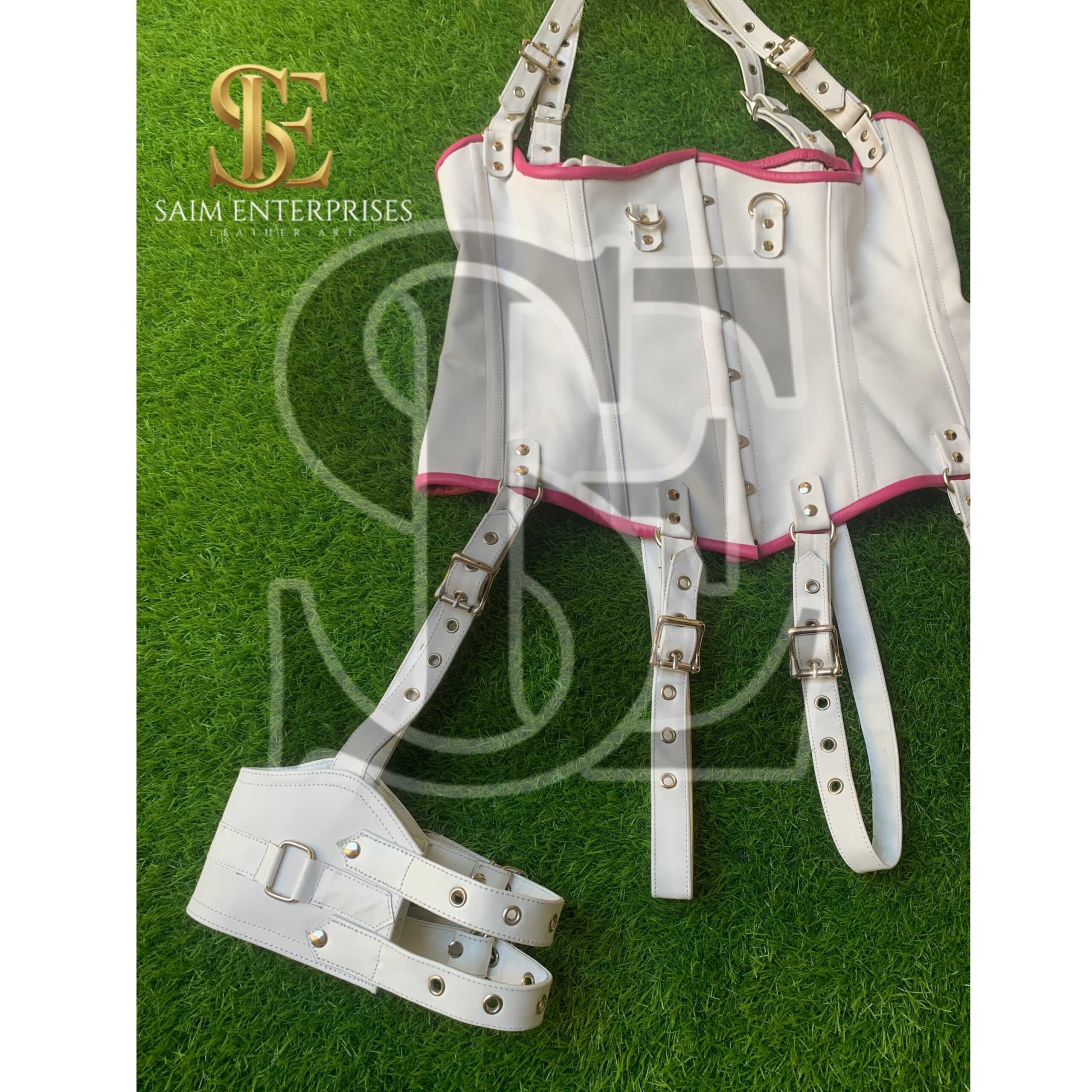 White Leather BDSM Corset Set with Collar & Garters - Image 3