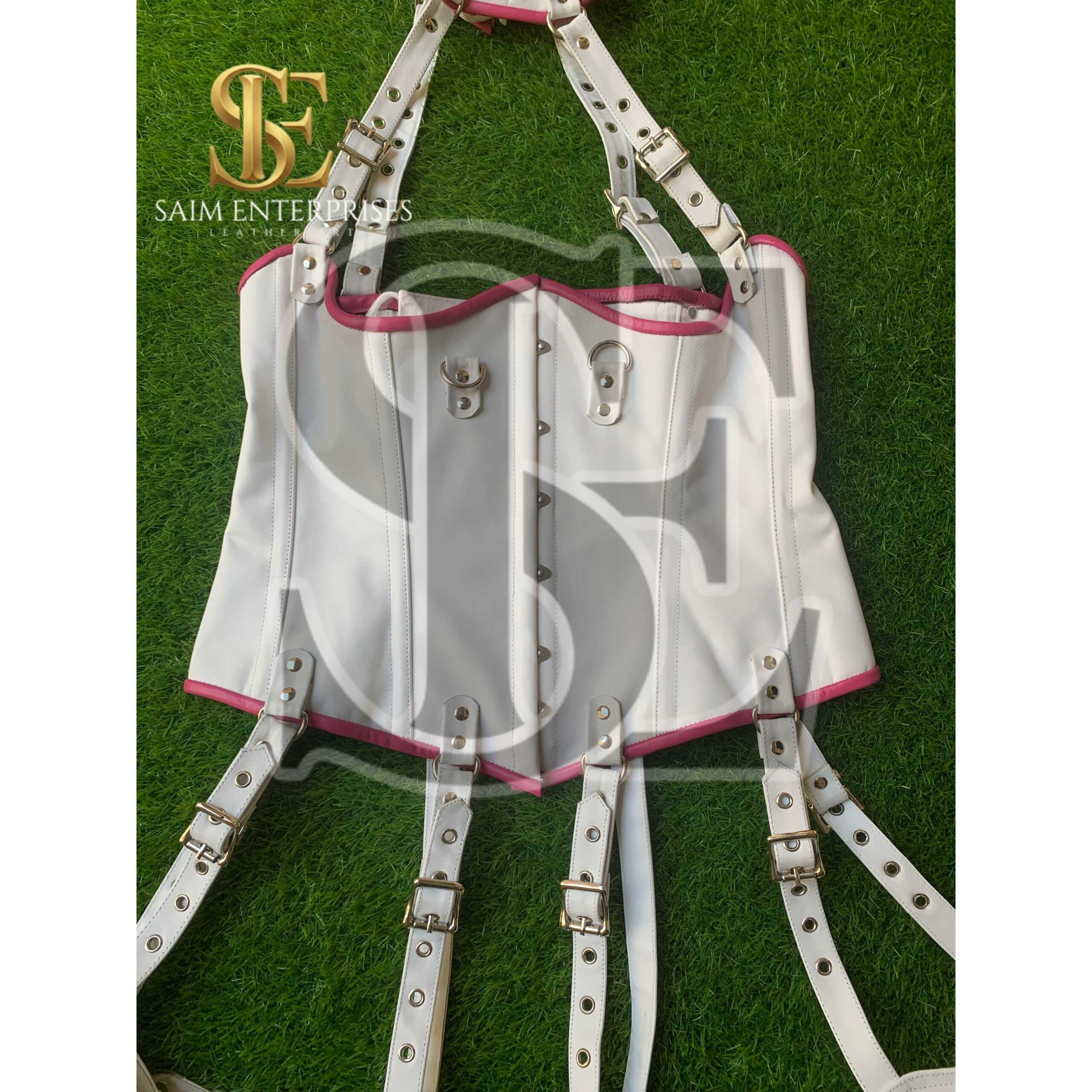 White Leather BDSM Corset Set with Collar & Garters - Image 4