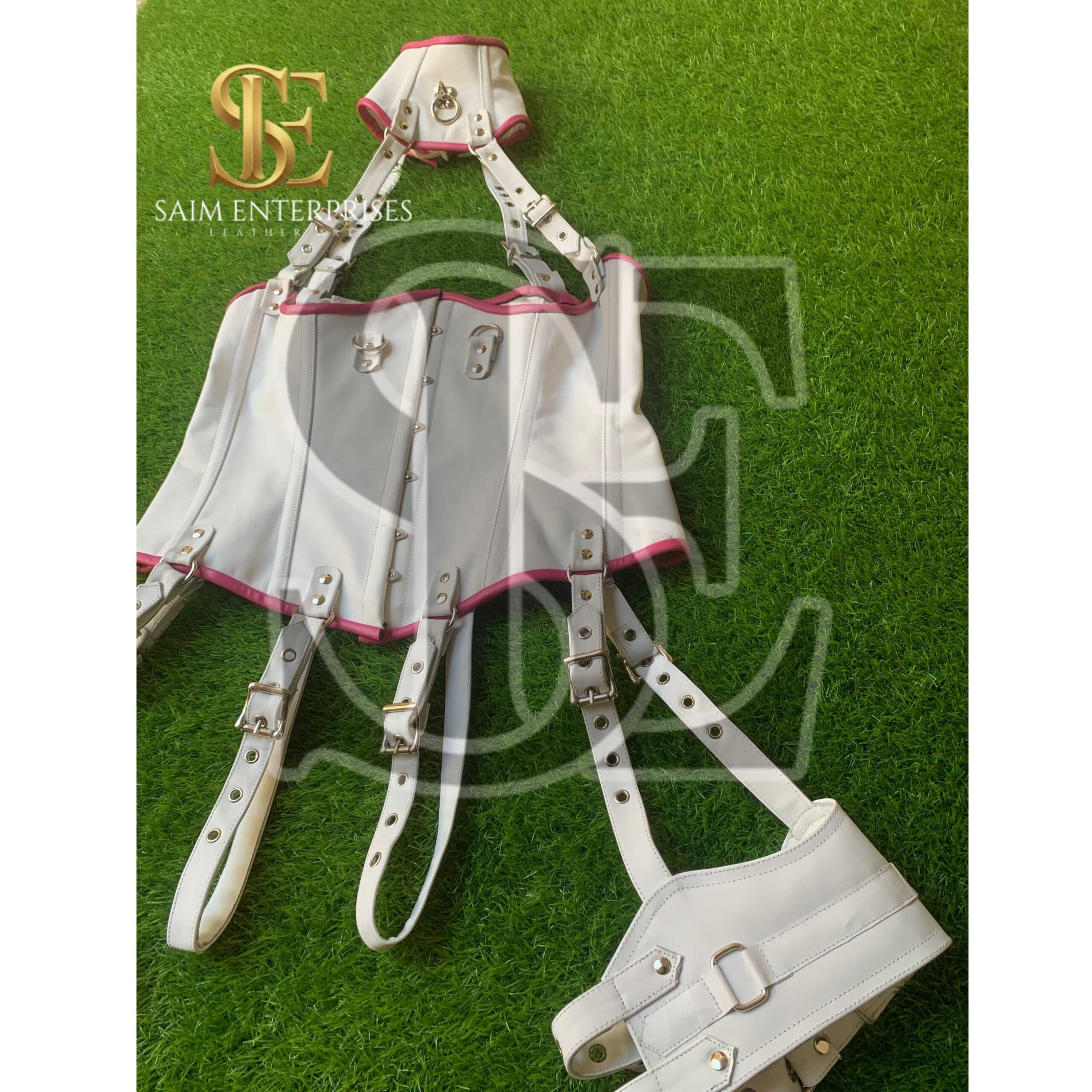White Leather BDSM Corset Set with Collar & Garters - Image 5