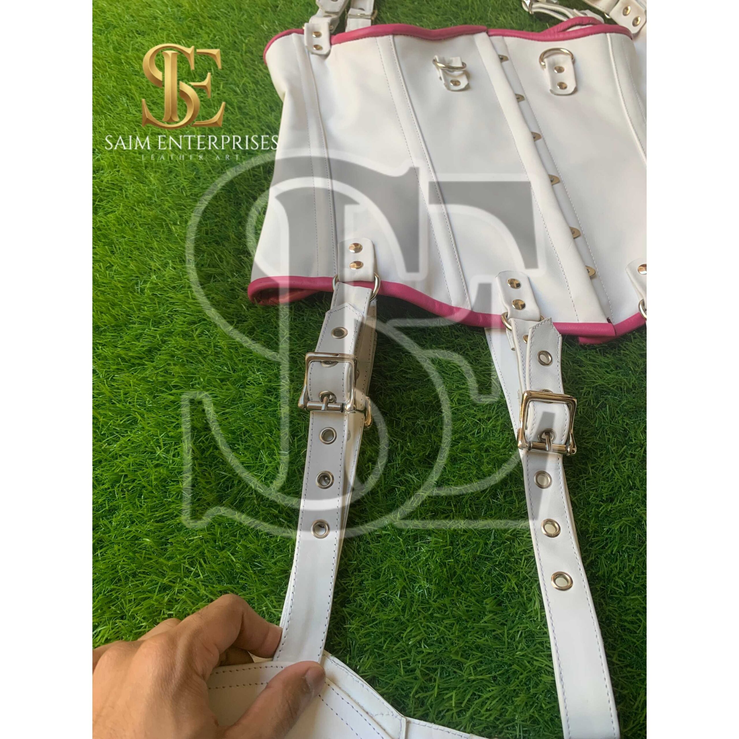 White Leather BDSM Corset Set with Collar & Garters - Image 7