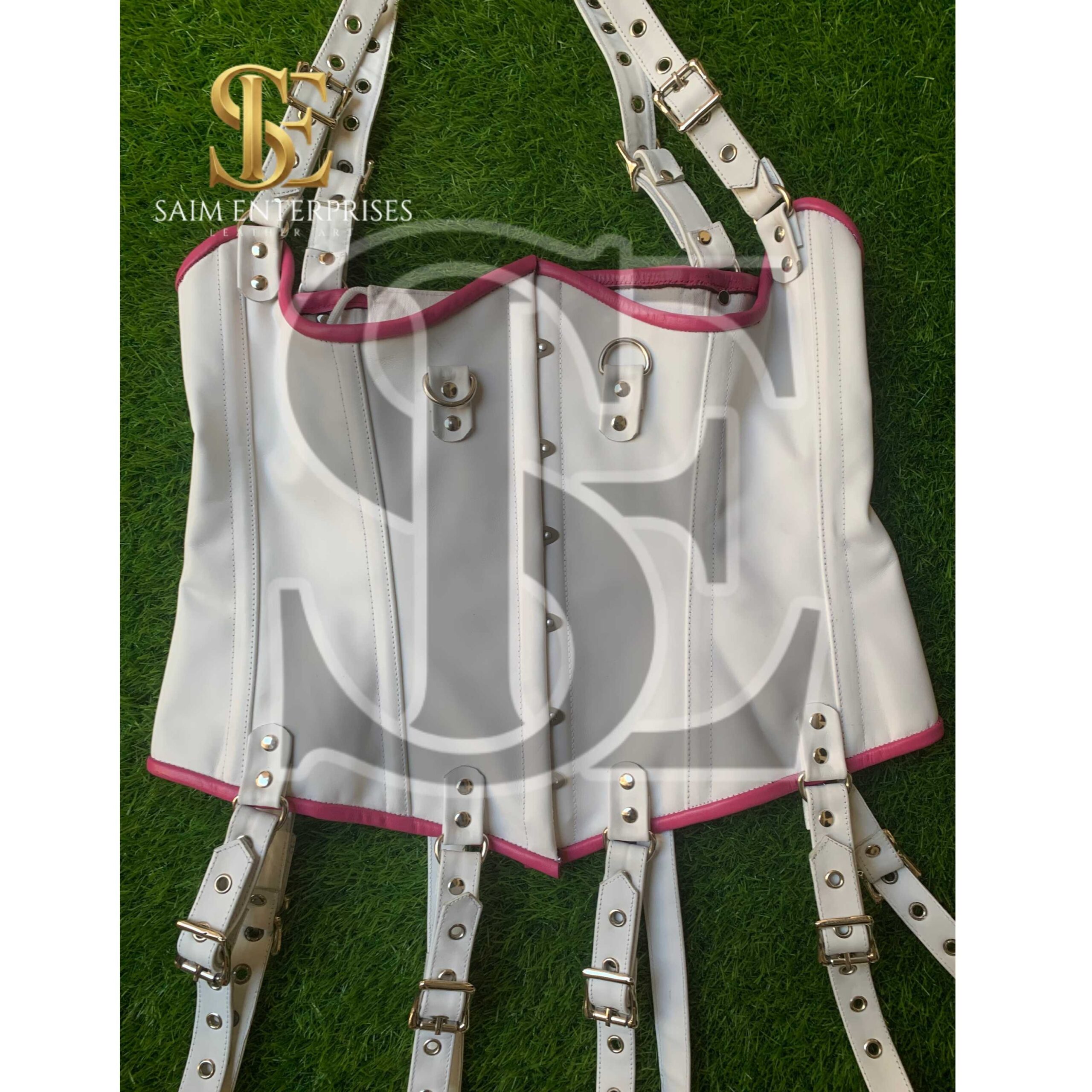 White Leather BDSM Corset Set with Collar & Garters - Image 8