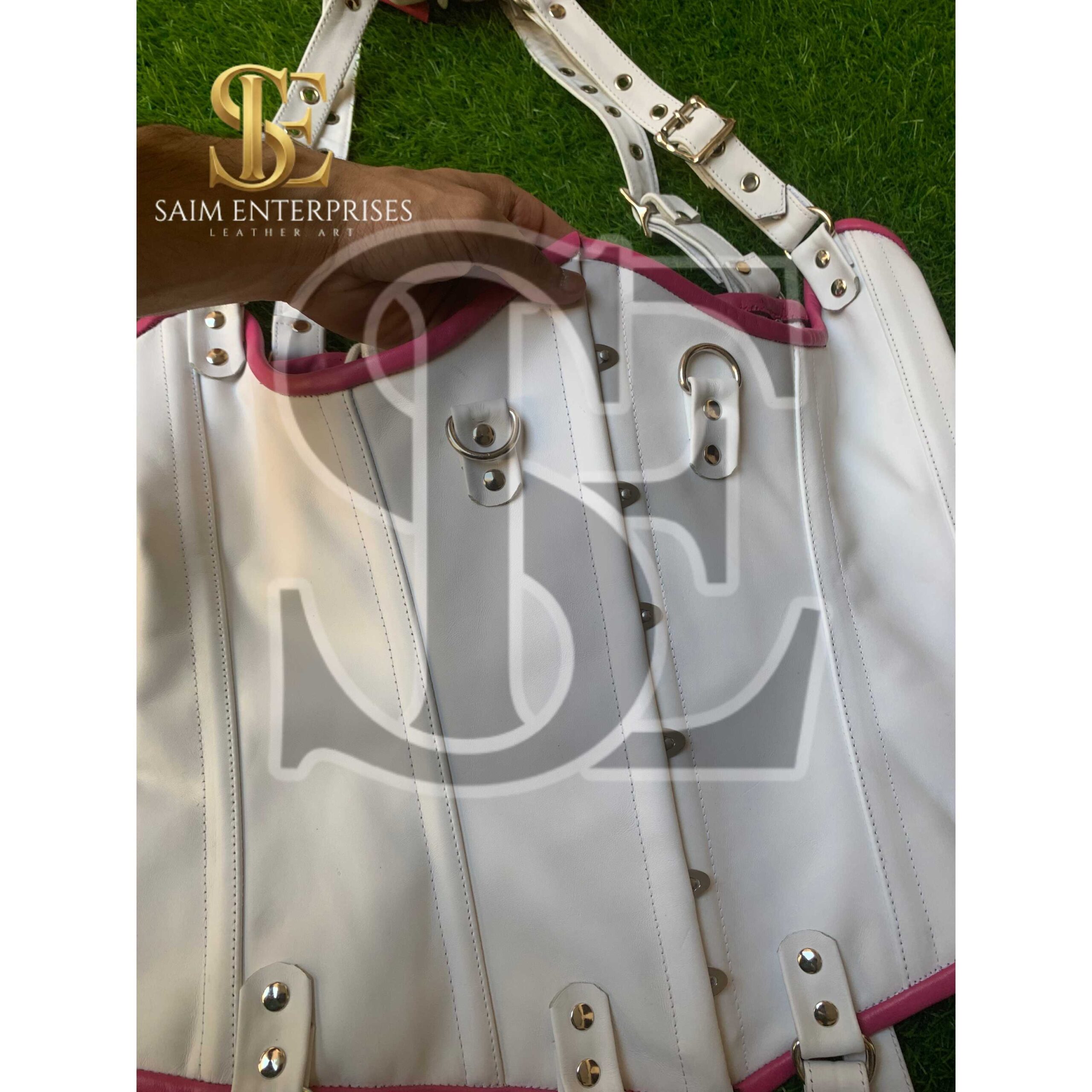 White Leather BDSM Corset Set with Collar & Garters - Image 9
