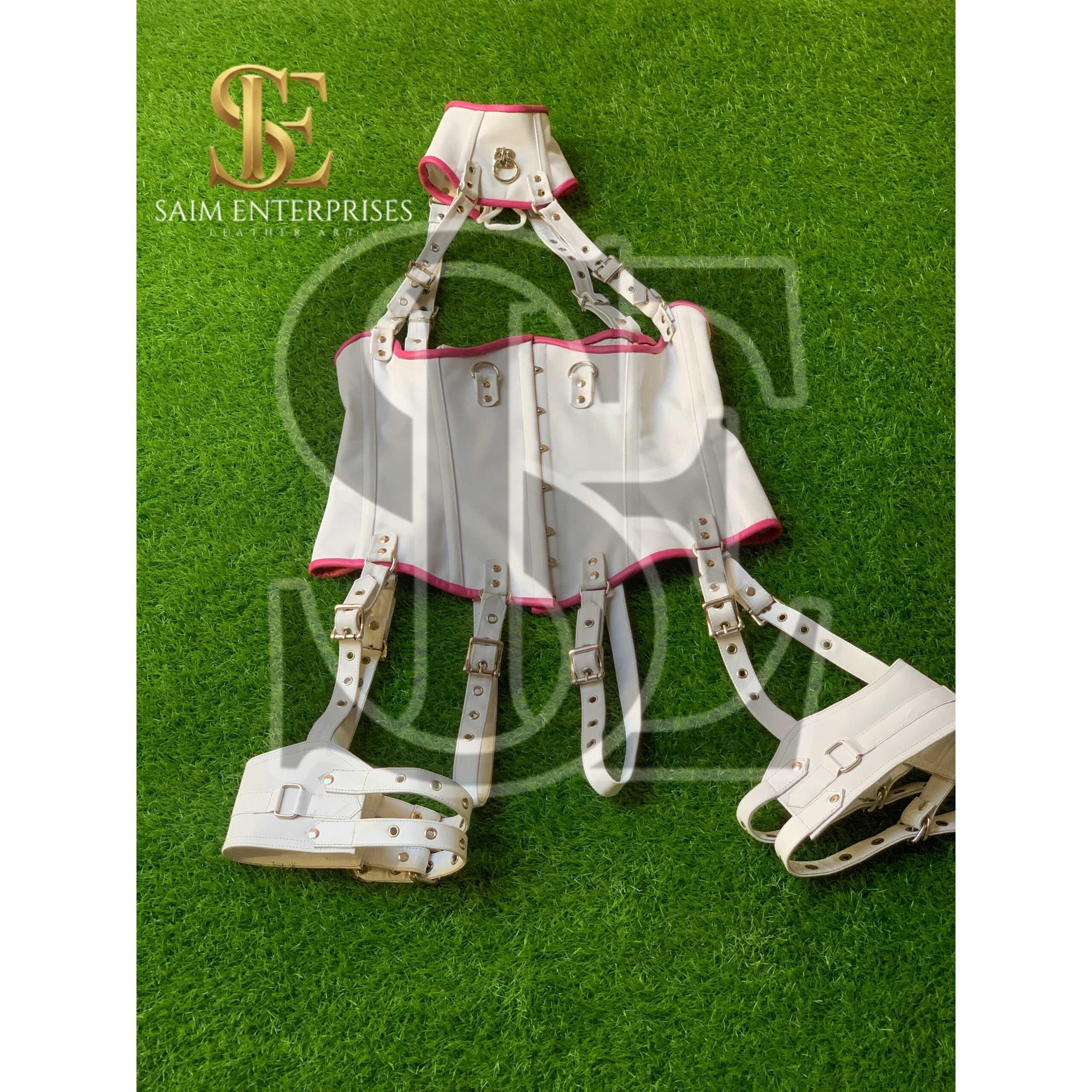 White Leather BDSM Corset Set with Collar & Garters - Image 13