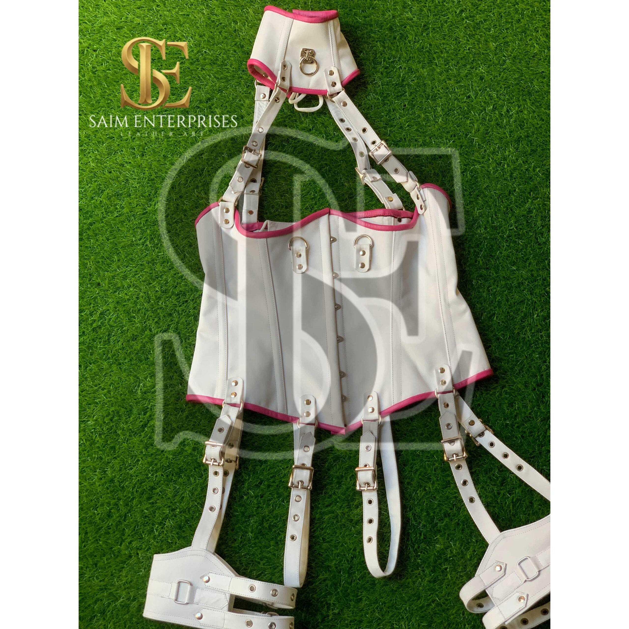 White Leather BDSM Corset Set with Collar & Garters - Image 14