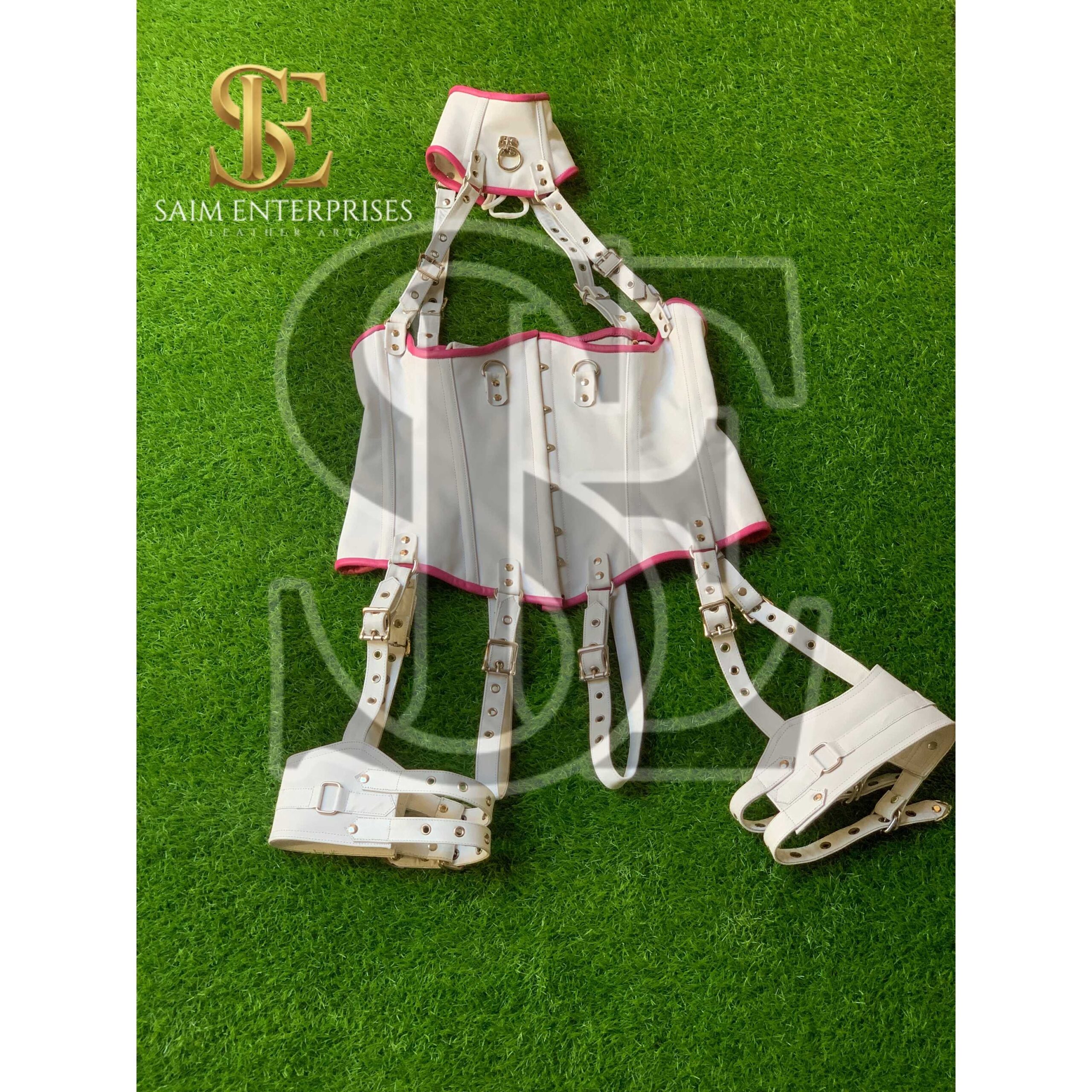 White Leather BDSM Corset Set with Collar & Garters - Image 15