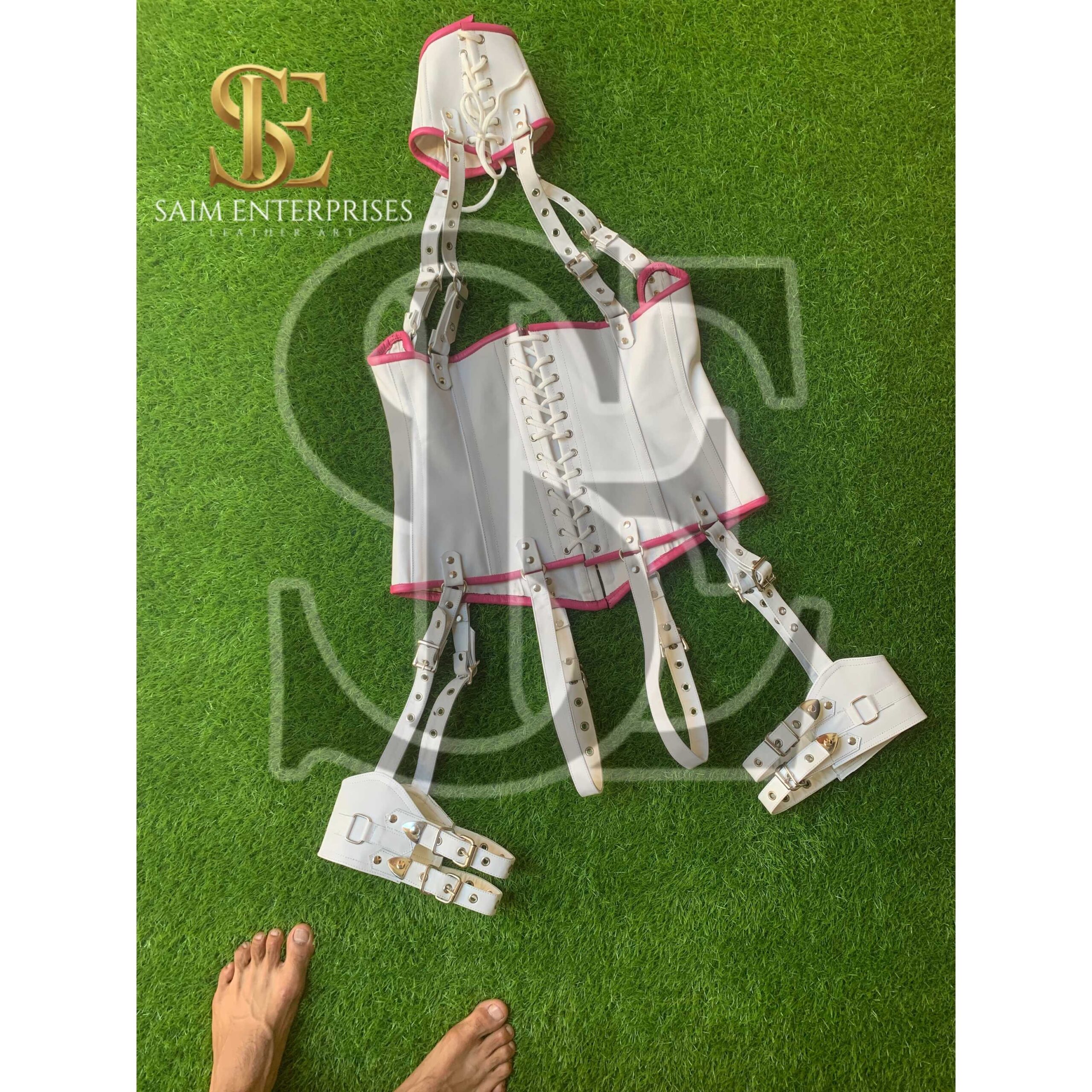 White Leather BDSM Corset Set with Collar & Garters - Image 16