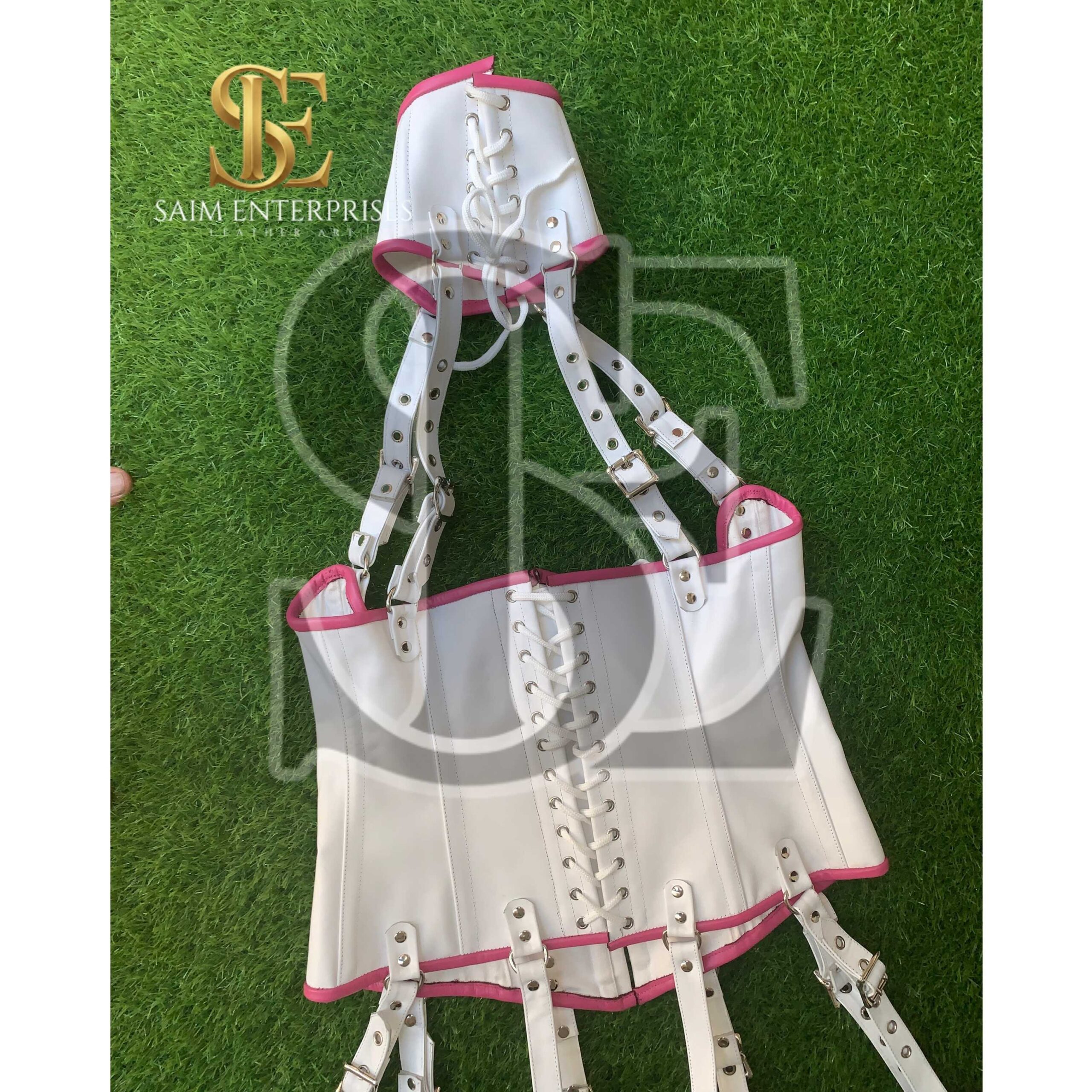 White Leather BDSM Corset Set with Collar & Garters - Image 17