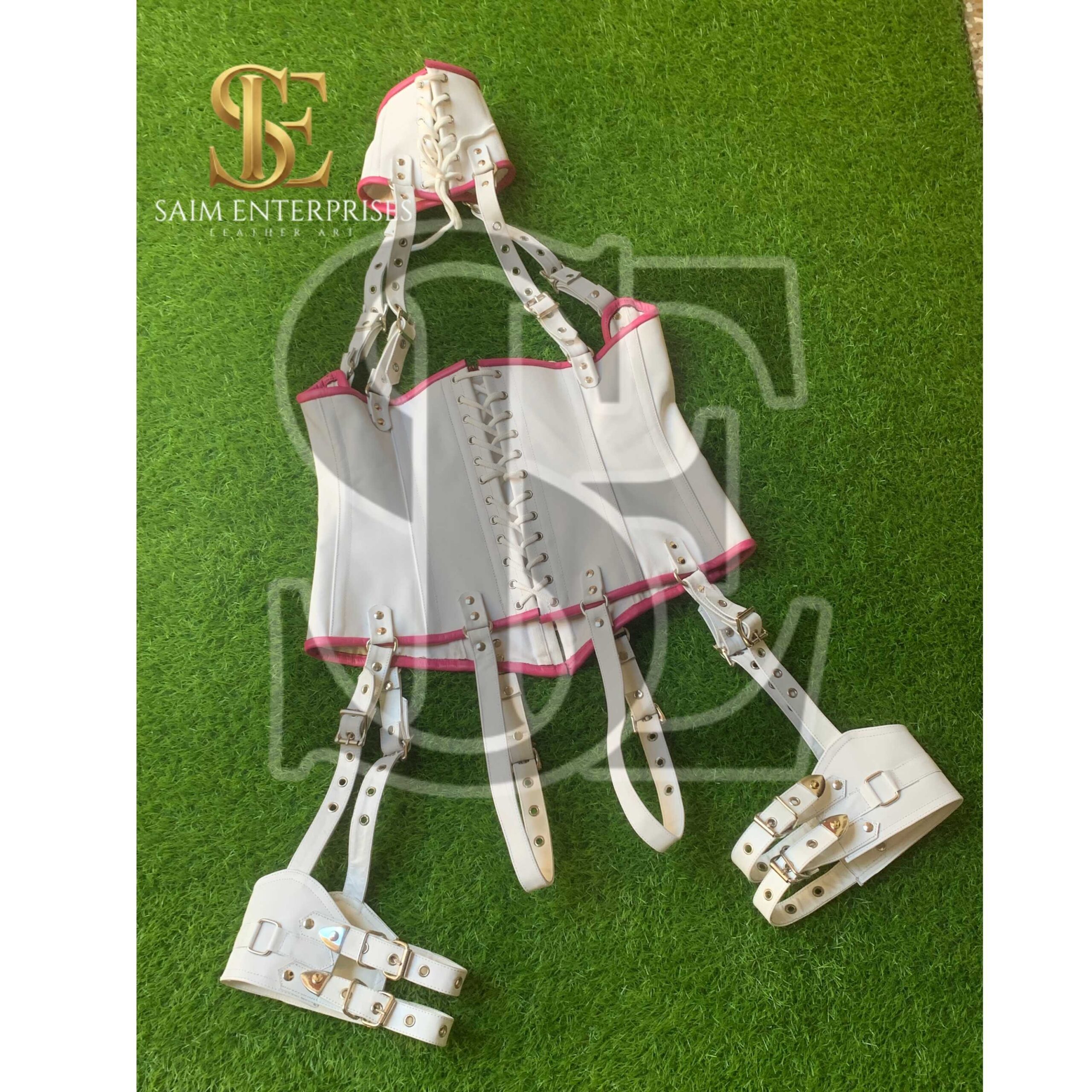 White Leather BDSM Corset Set with Collar & Garters - Image 18