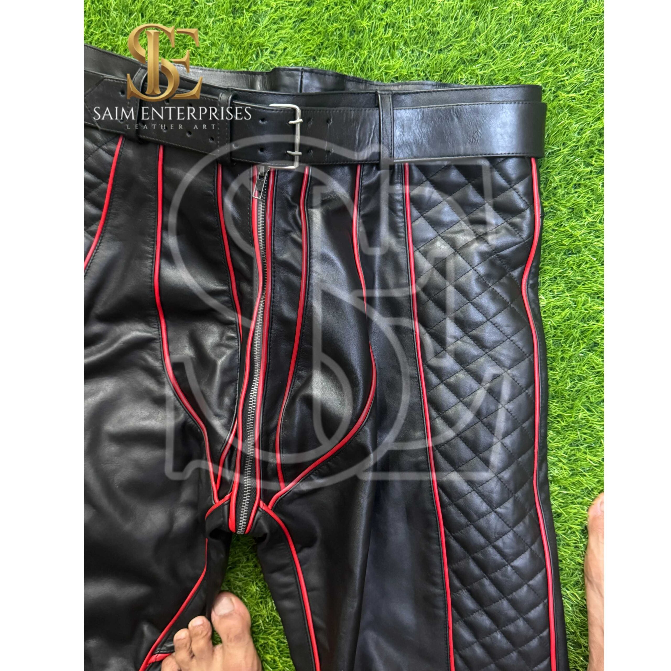 Handmade Leather BDSM Biker bondage Pants with Quilted Panels - Image 9