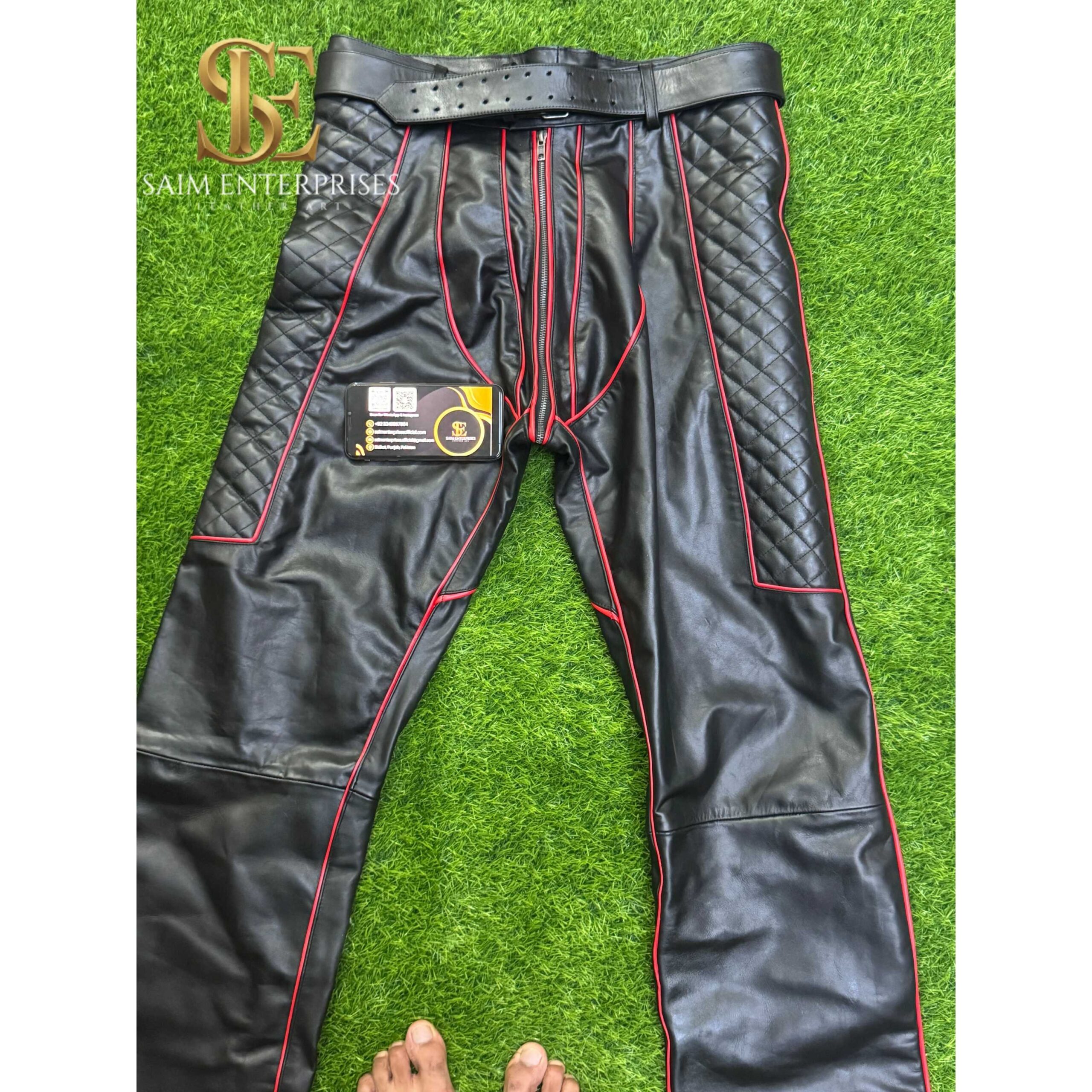 Handmade Leather BDSM Biker bondage Pants with Quilted Panels - Image 5