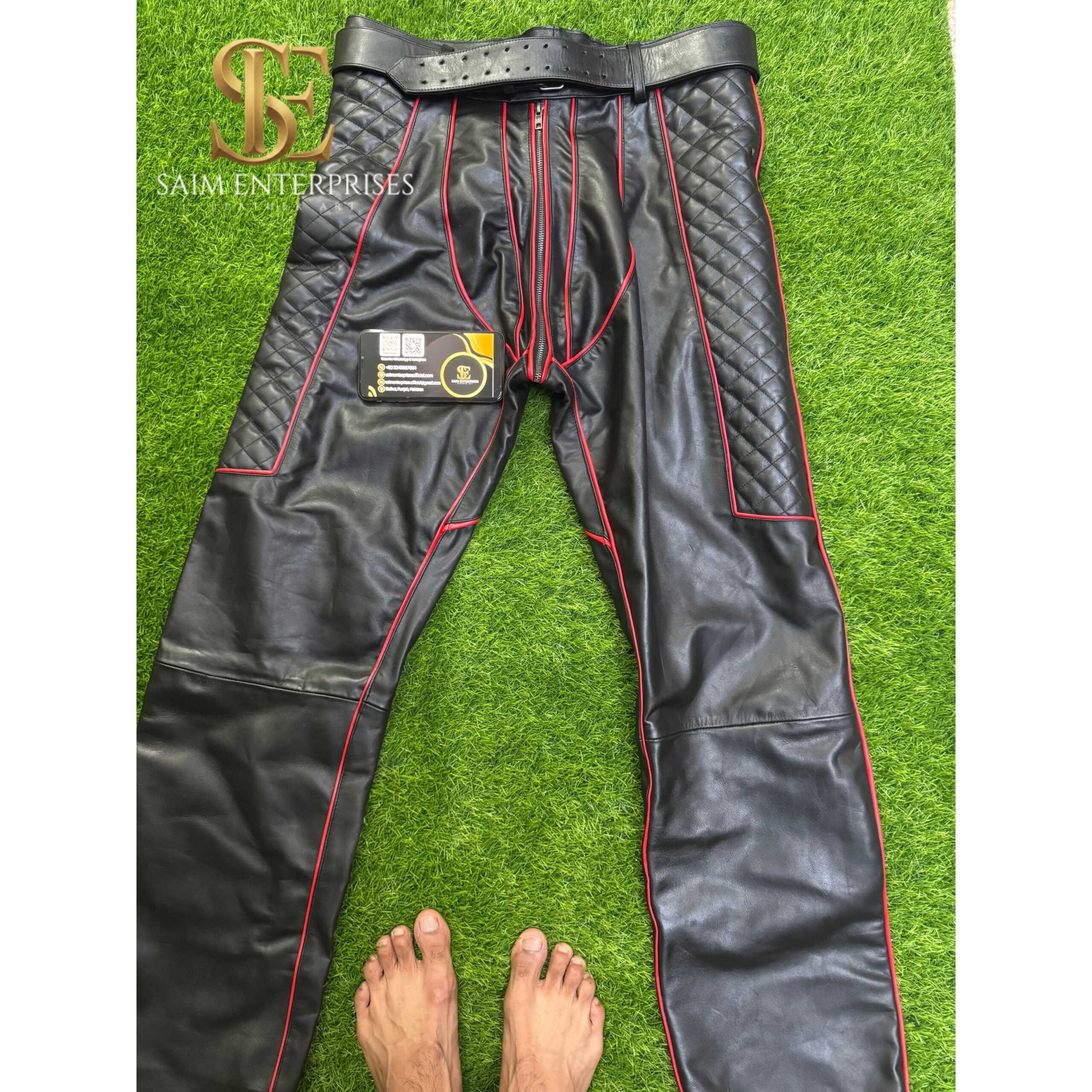Handmade Leather BDSM Biker bondage Pants with Quilted Panels - Image 4