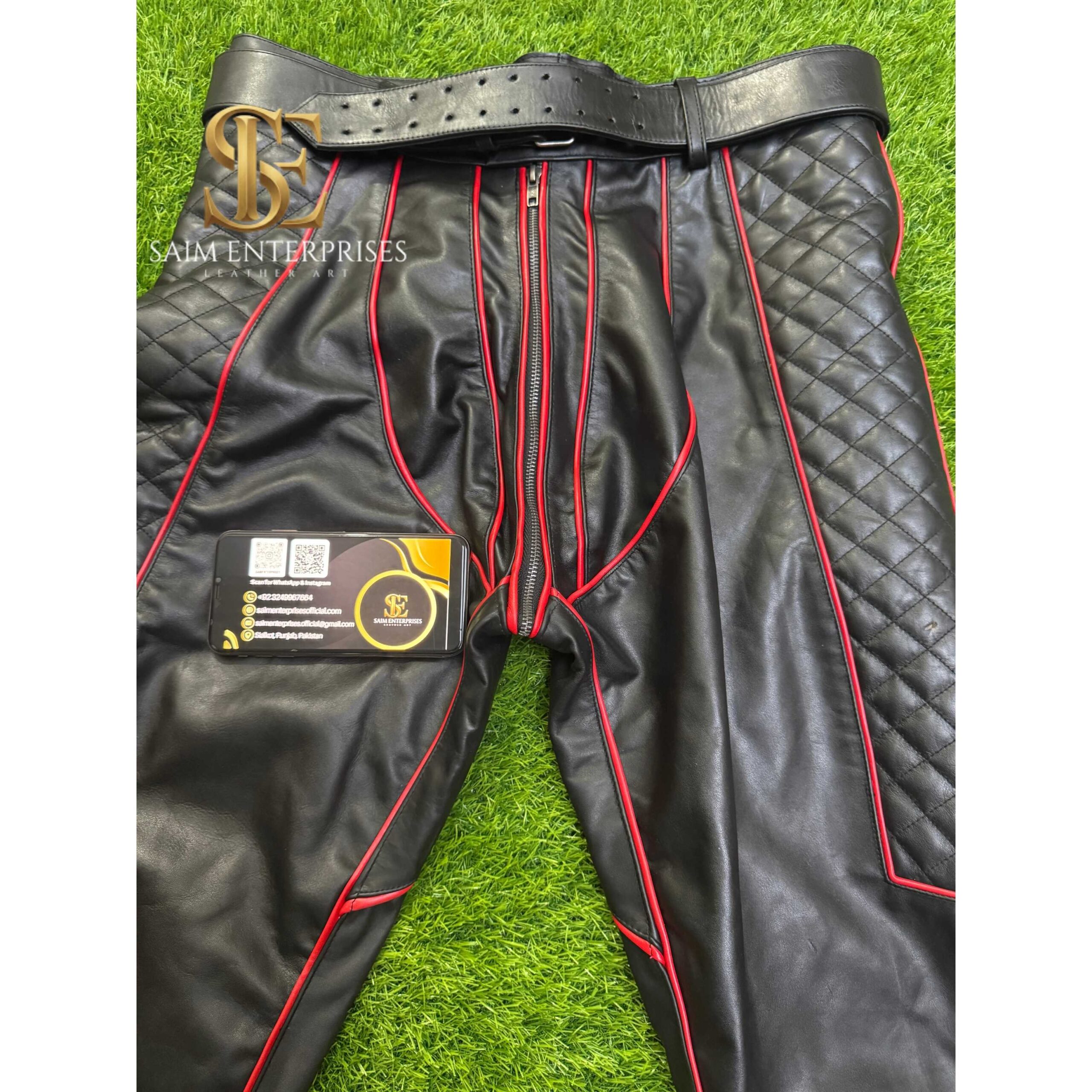 Handmade Leather BDSM Biker bondage Pants with Quilted Panels - Image 3