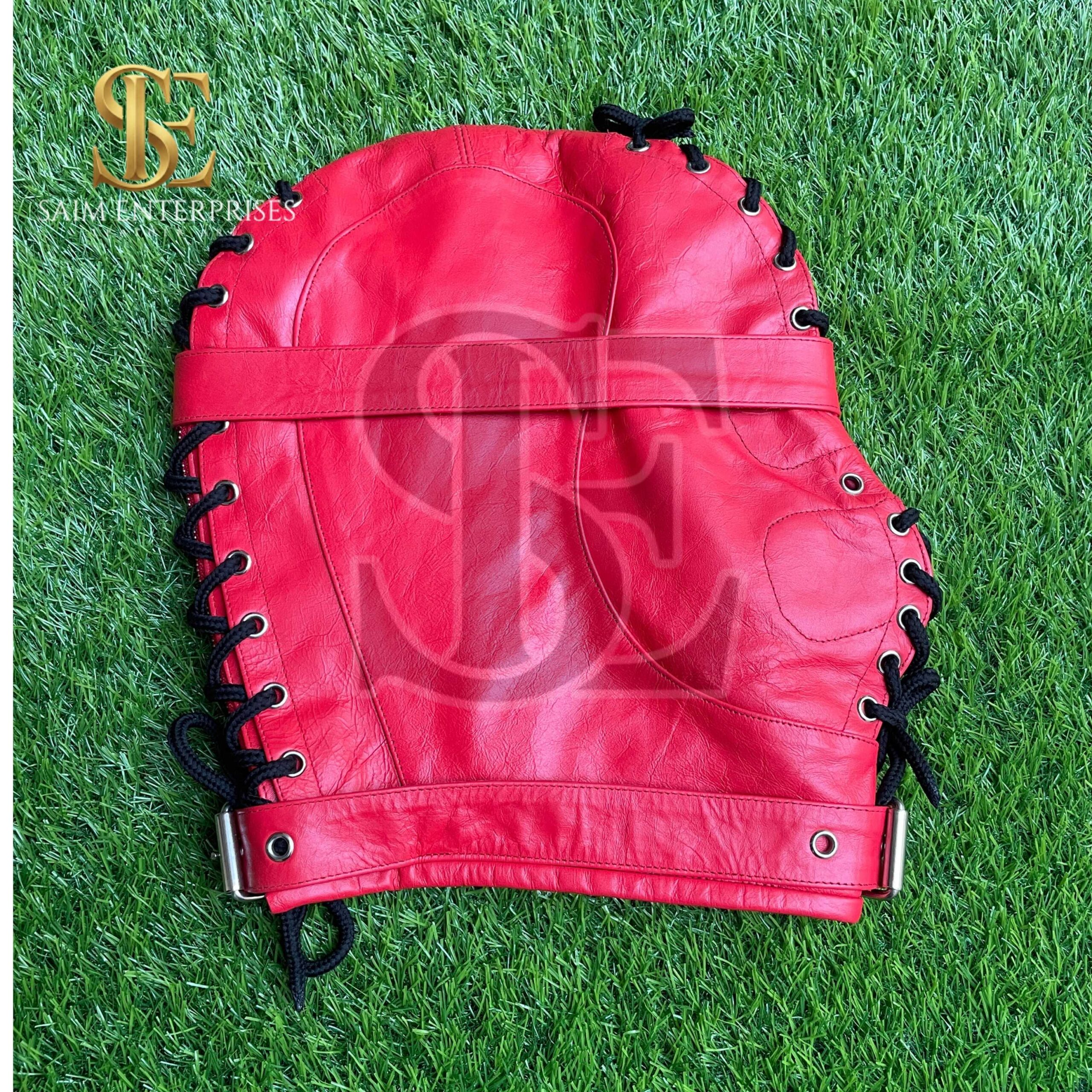 Handmade Red BDSM Leather Bondage Full Hood Lace-Up Mask