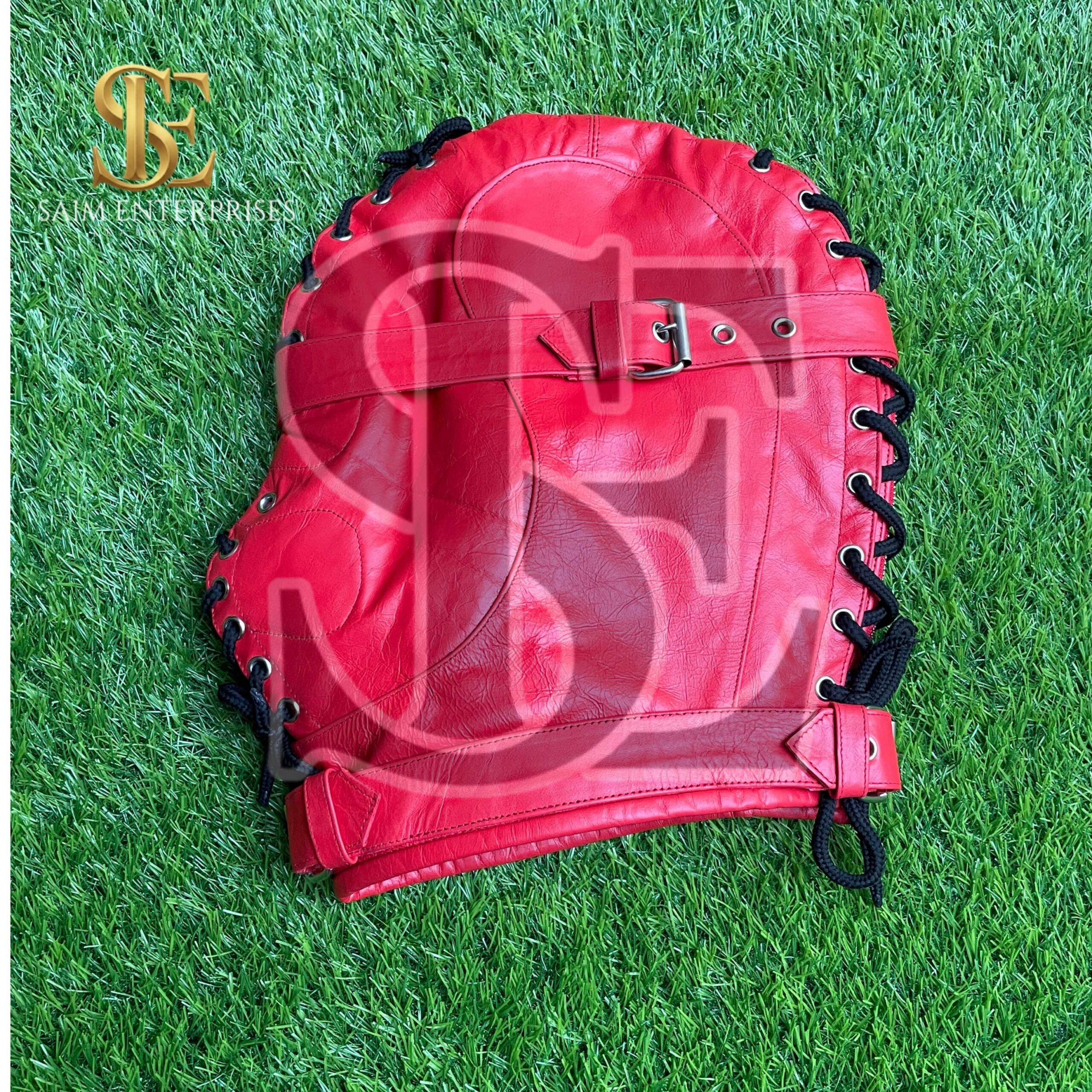 Handmade Red BDSM Leather Bondage Full Hood Lace-Up Mask - Image 3