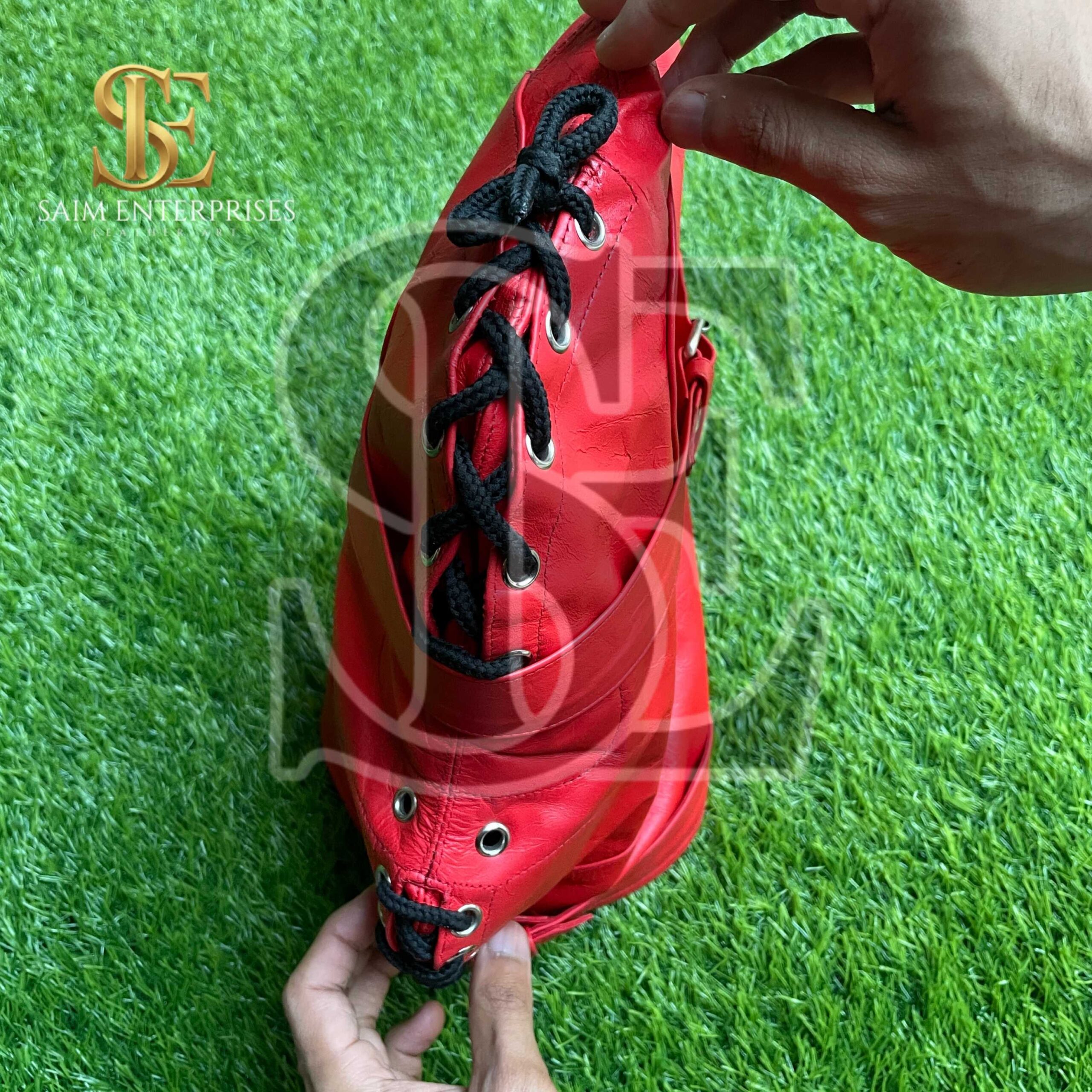 Handmade Red BDSM Leather Bondage Full Hood Lace-Up Mask - Image 4