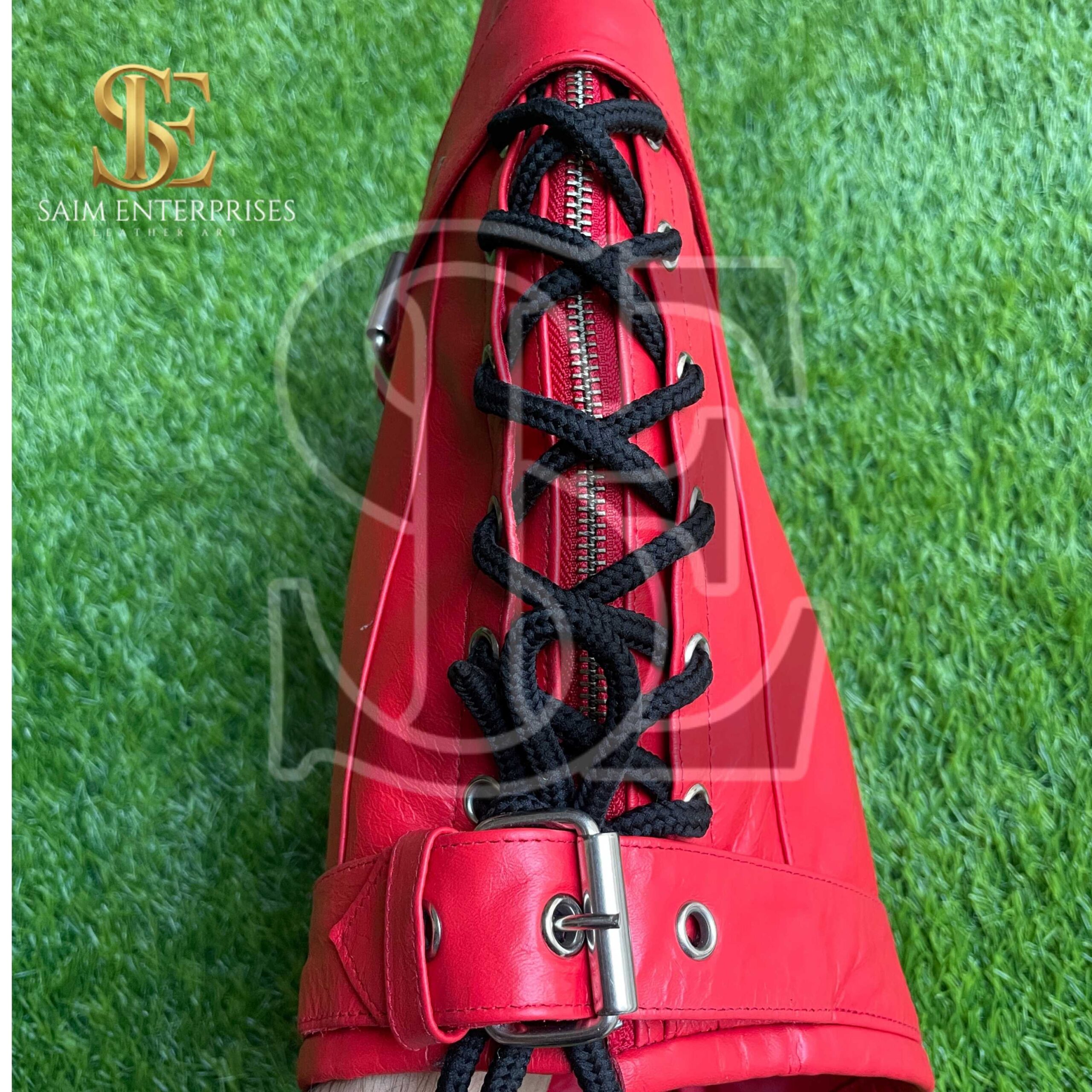 Handmade Red BDSM Leather Bondage Full Hood Lace-Up Mask - Image 5