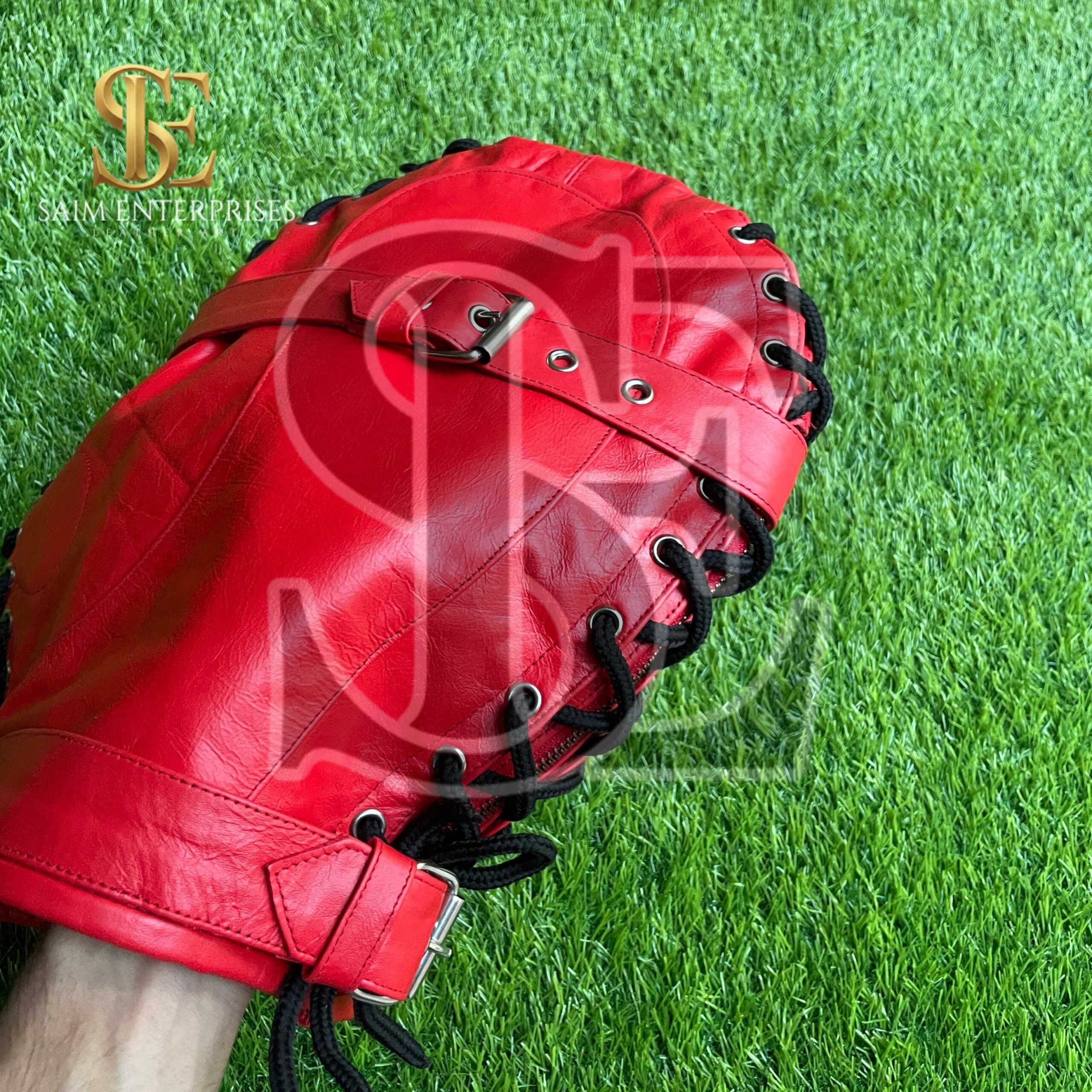 Handmade Red BDSM Leather Bondage Full Hood Lace-Up Mask - Image 9