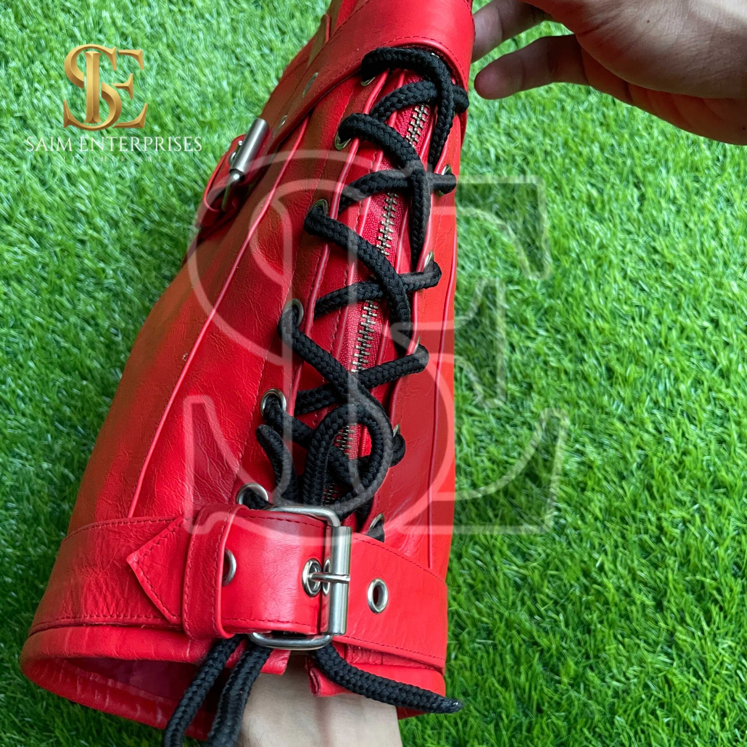 Handmade Red BDSM Leather Bondage Full Hood Lace-Up Mask - Image 11
