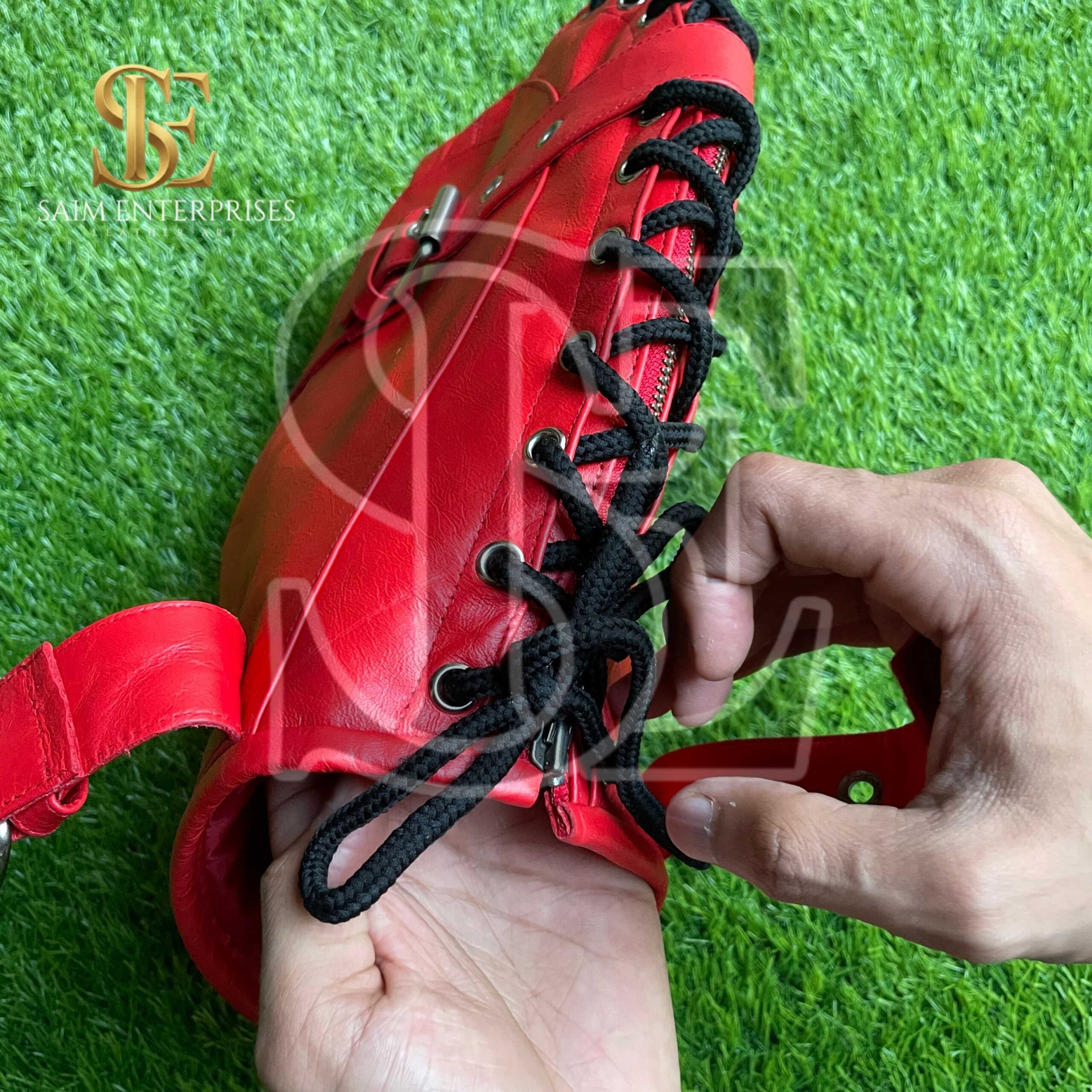 Handmade Red BDSM Leather Bondage Full Hood Lace-Up Mask - Image 12