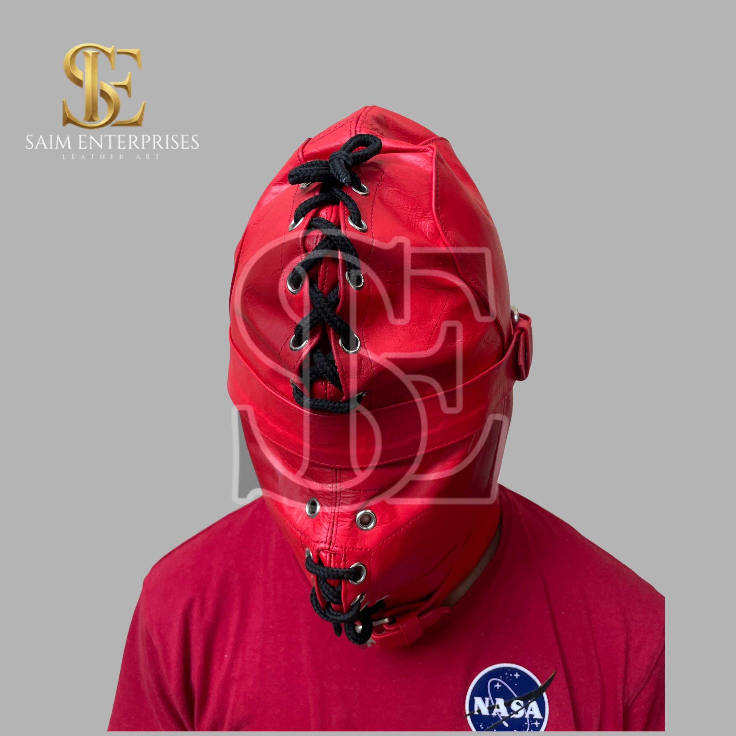 Handmade Red BDSM Leather Full Face bondage Hood - Image 6