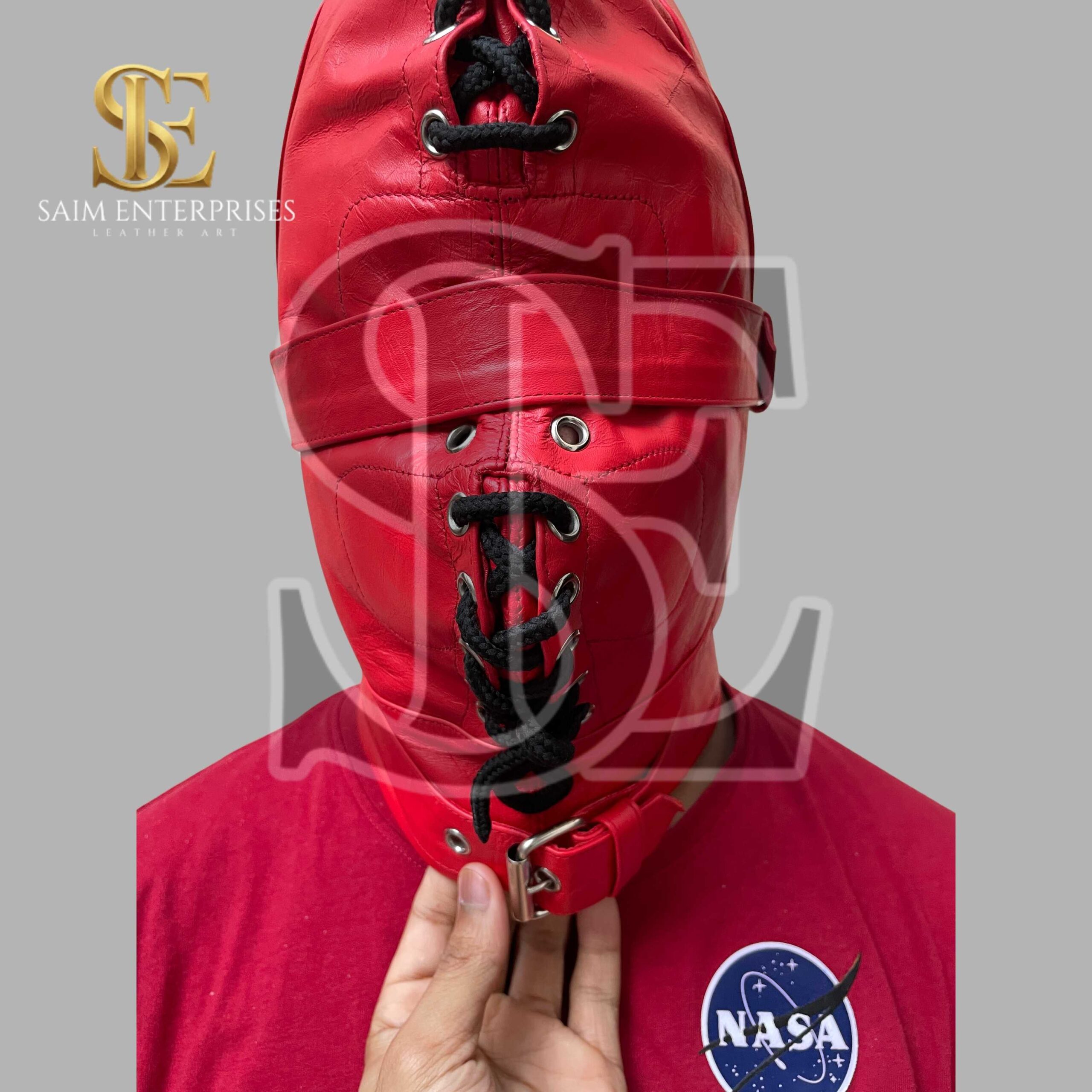 Handmade Red BDSM Leather Full Face bondage Hood - Image 4