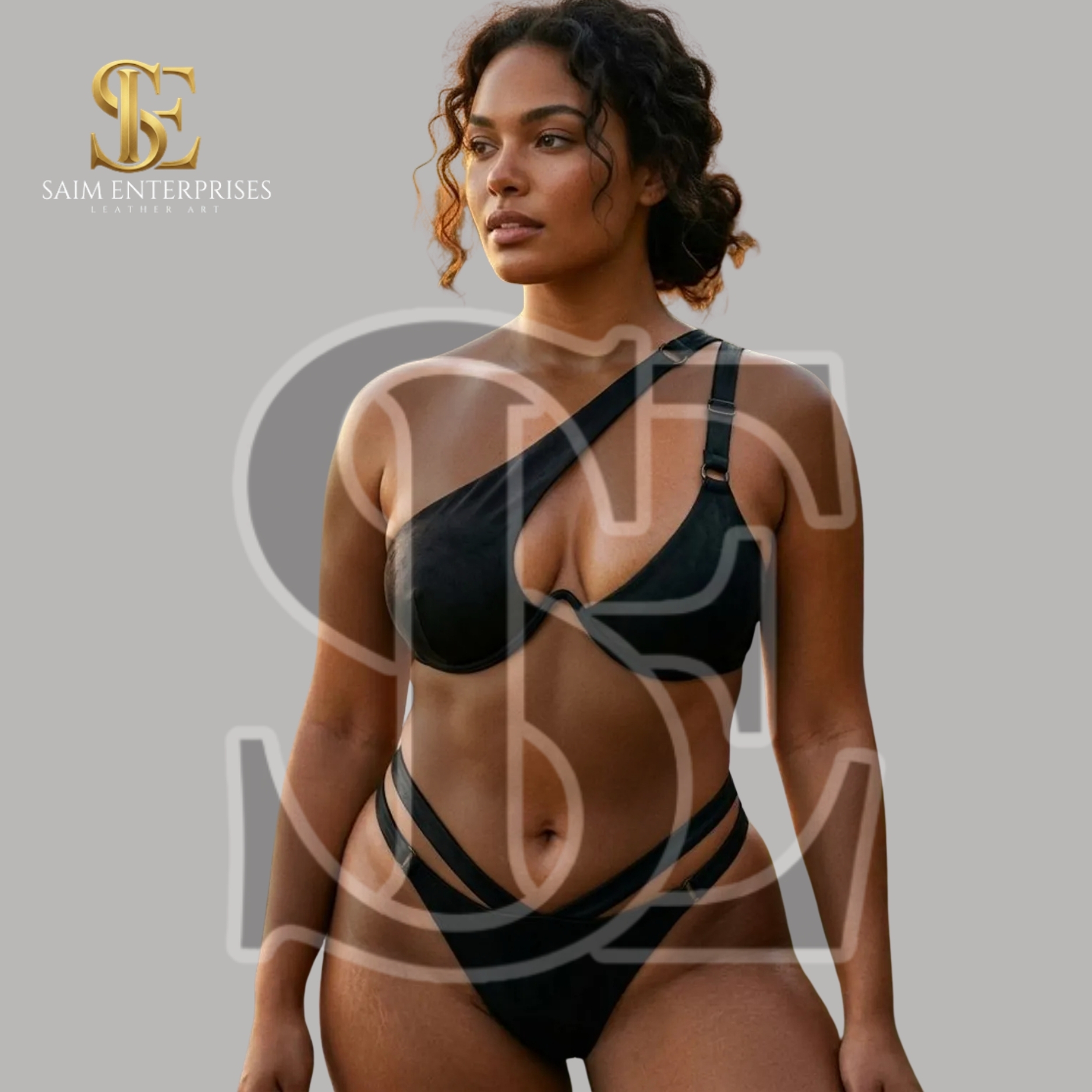 Black Leather BDSM Asymmetrical High-Leg Bikini Set