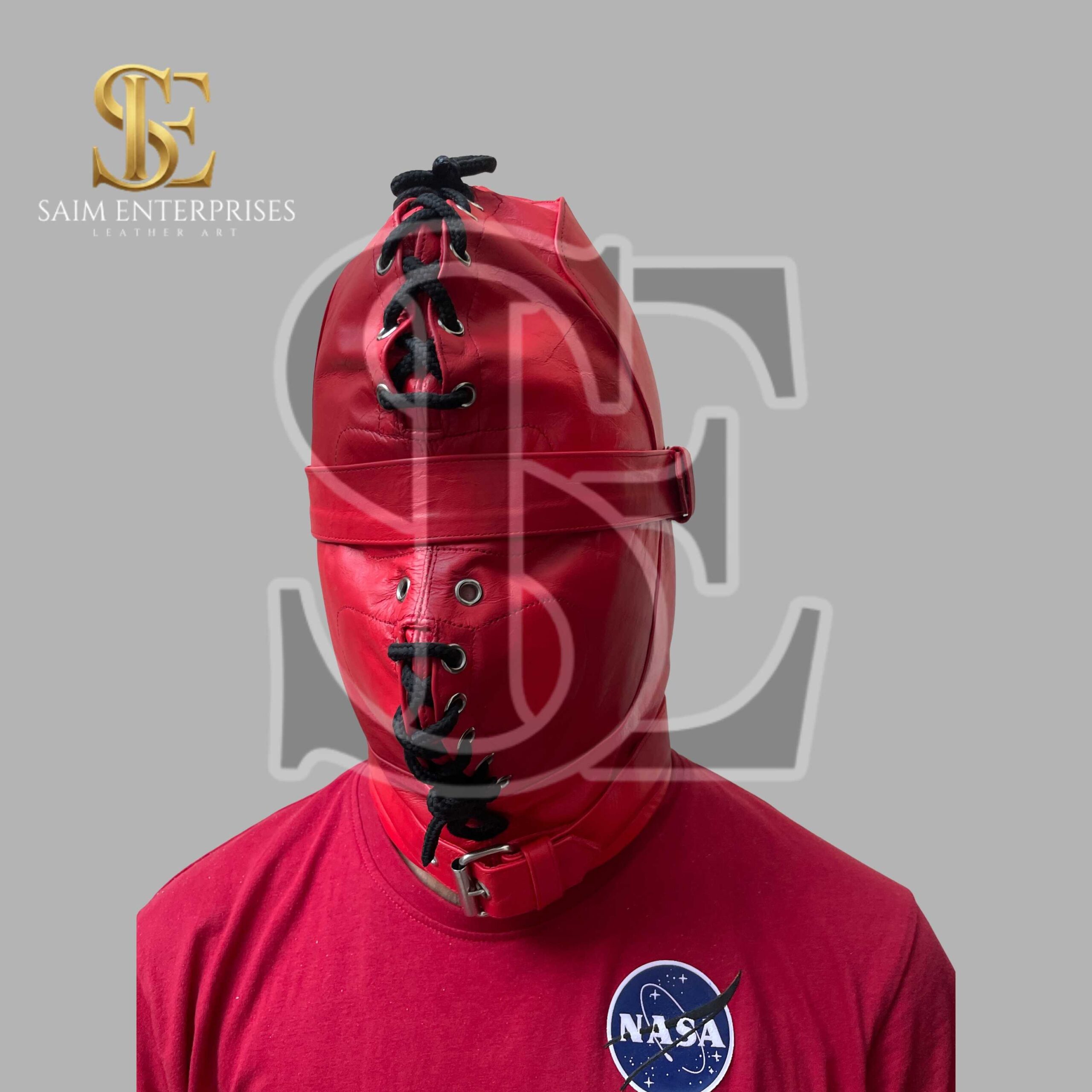 Handmade Red BDSM Leather Full Face bondage Hood - Image 3