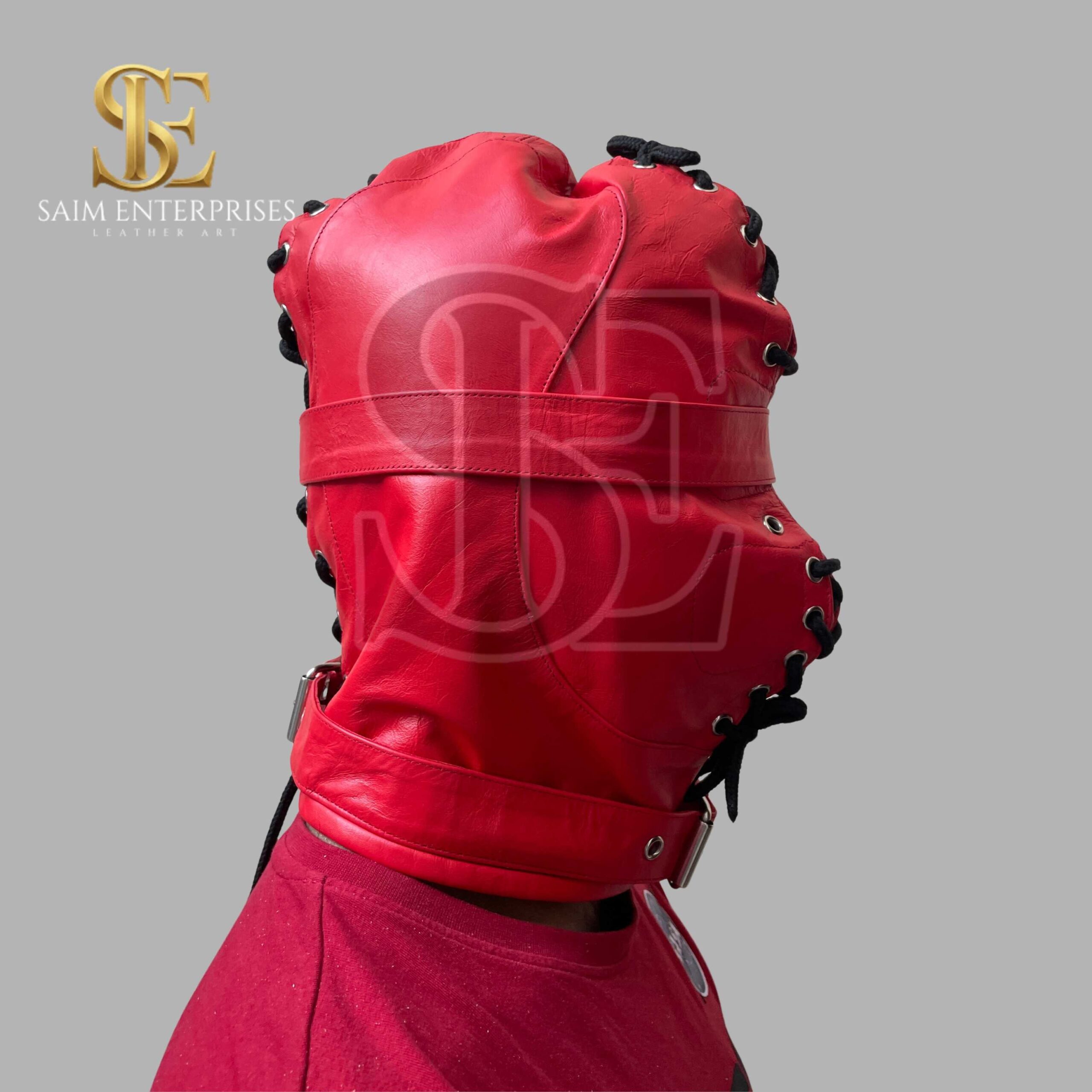 Handmade Red BDSM Leather Full Face bondage Hood
