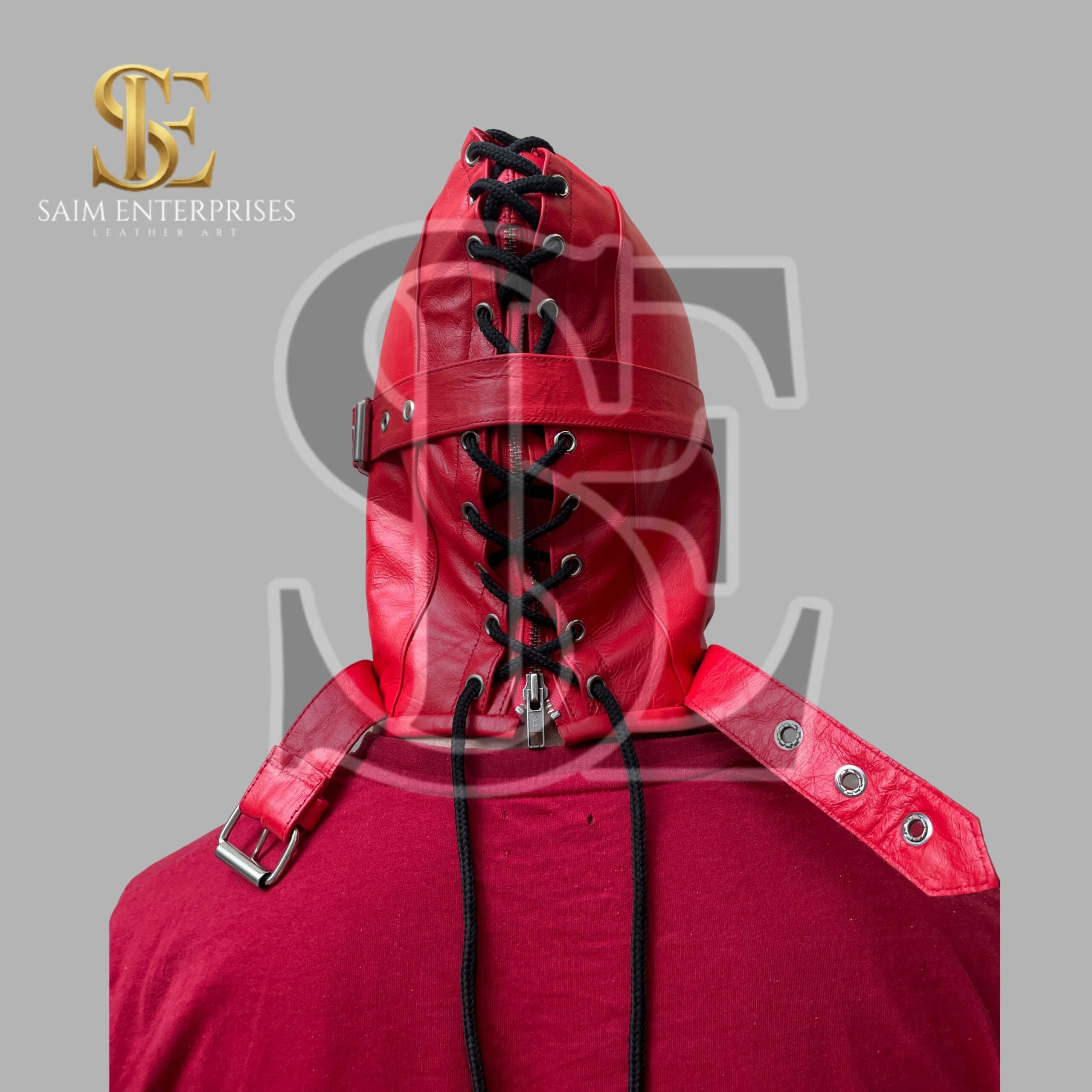 Handmade Red BDSM Leather Full Face bondage Hood - Image 5