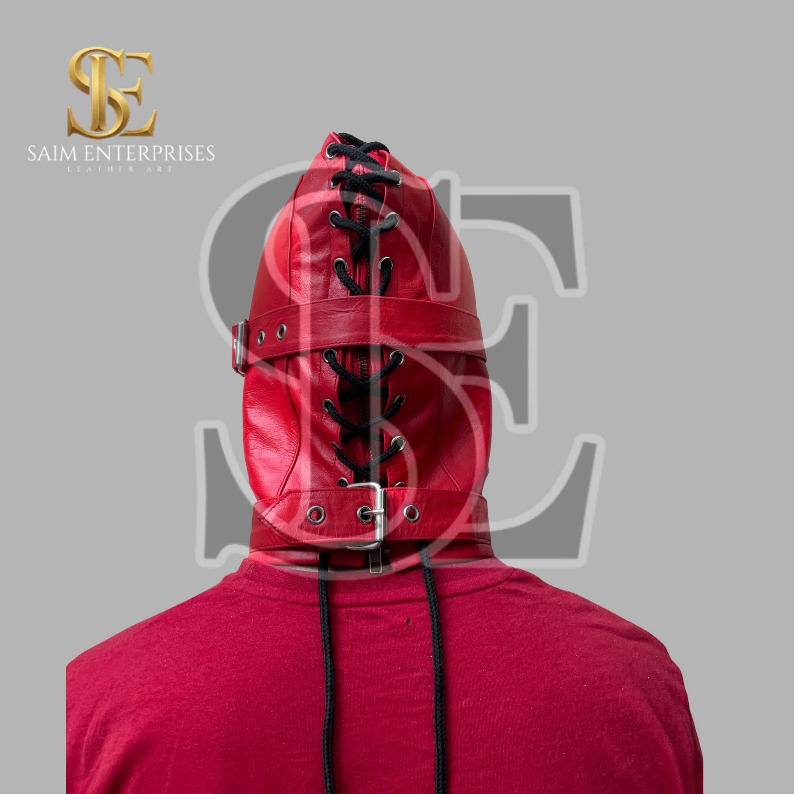 Handmade Red BDSM Leather Full Face bondage Hood - Image 7